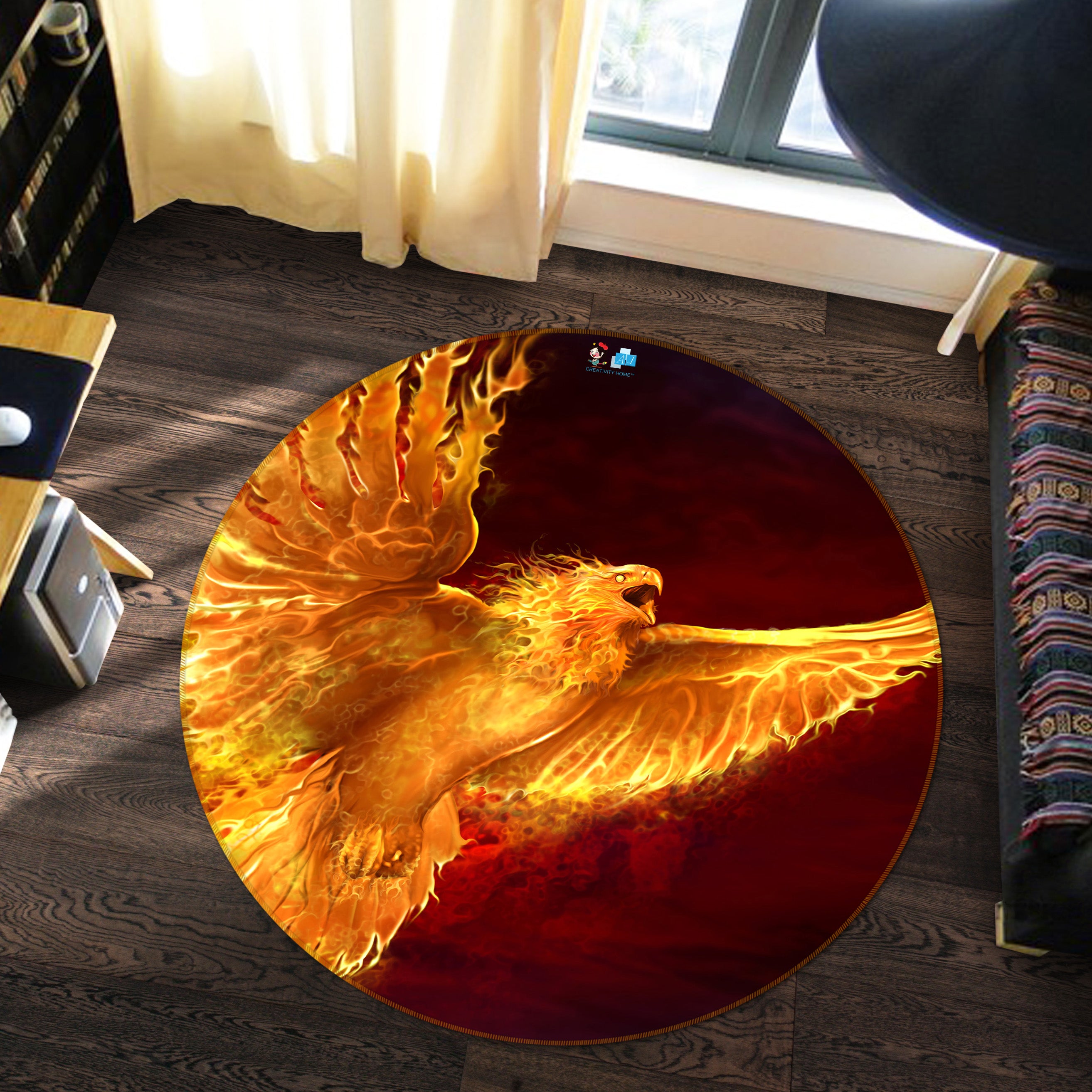 3D Flame Eagle 4168 Tom Wood Rug Round Non Slip Rug Mat