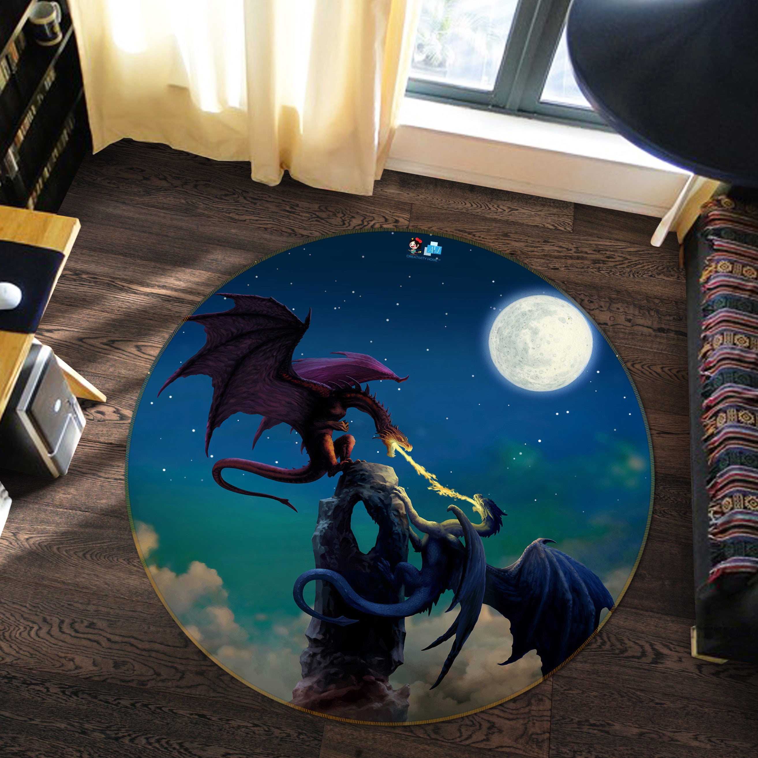 3D Night Starry Sky Moon Dragon 6148 Ciruelo Rug Round Non Slip Rug Mat