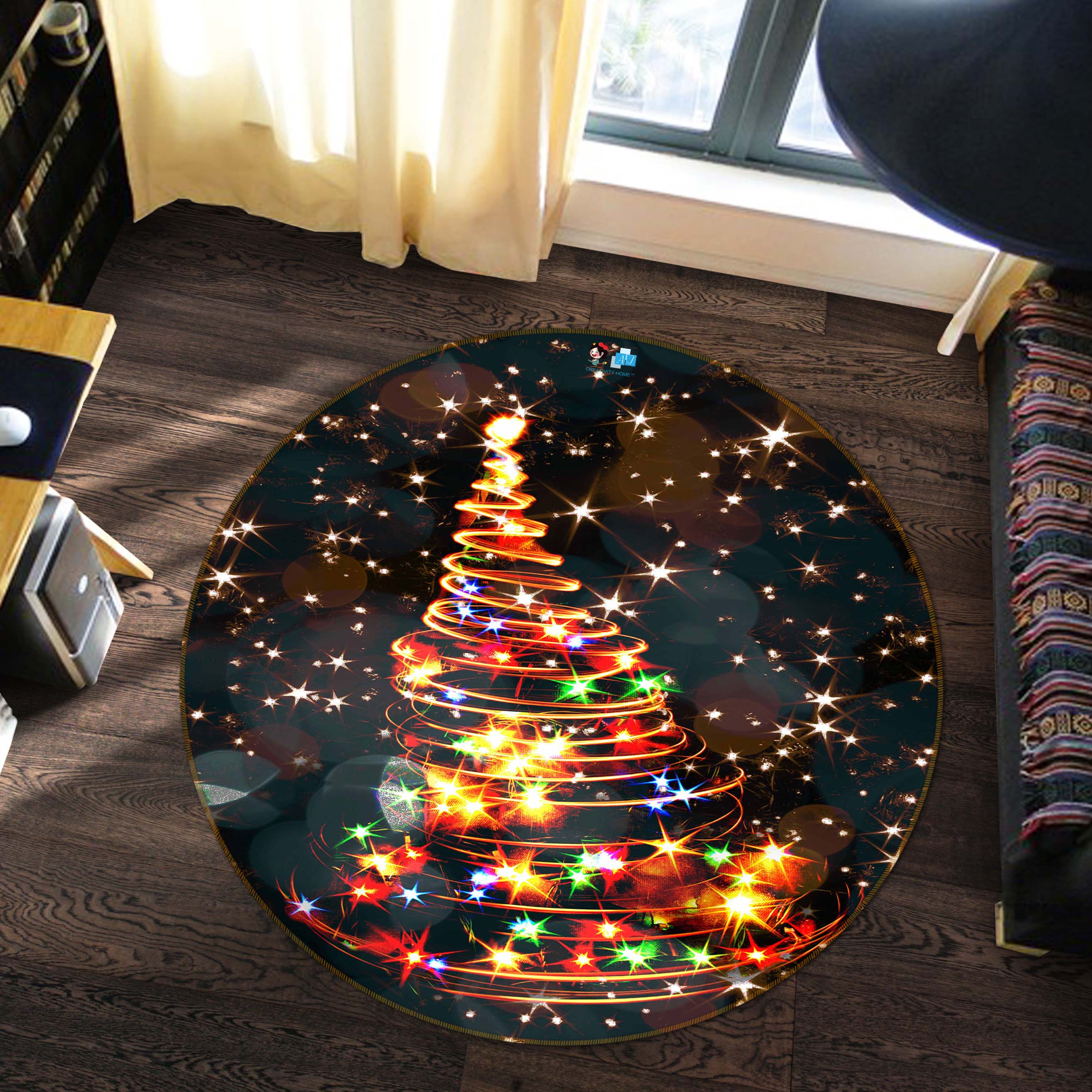 3D Colored Lights Tree 56067 Christmas Round Non Slip Rug Mat Xmas