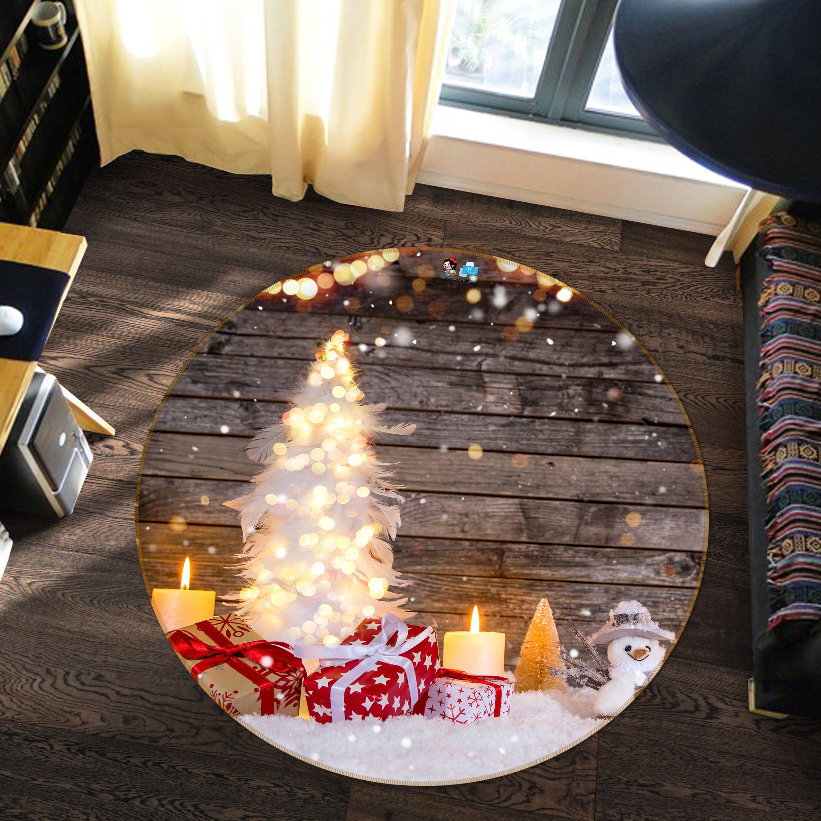3D Snow Gift 55229 Christmas Round Non Slip Rug Mat Xmas