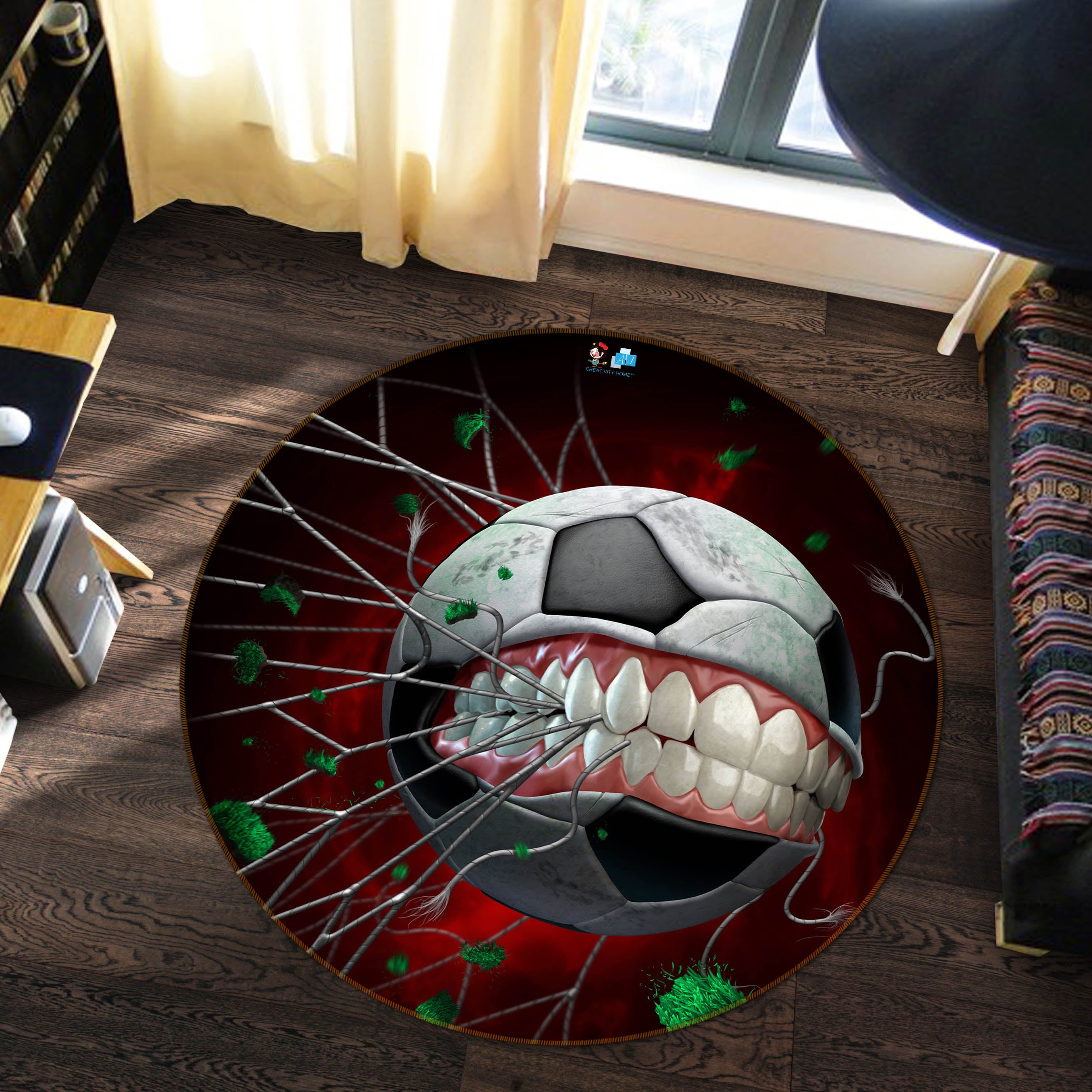 3D Teeth Football 4154 Tom Wood Rug Round Non Slip Rug Mat