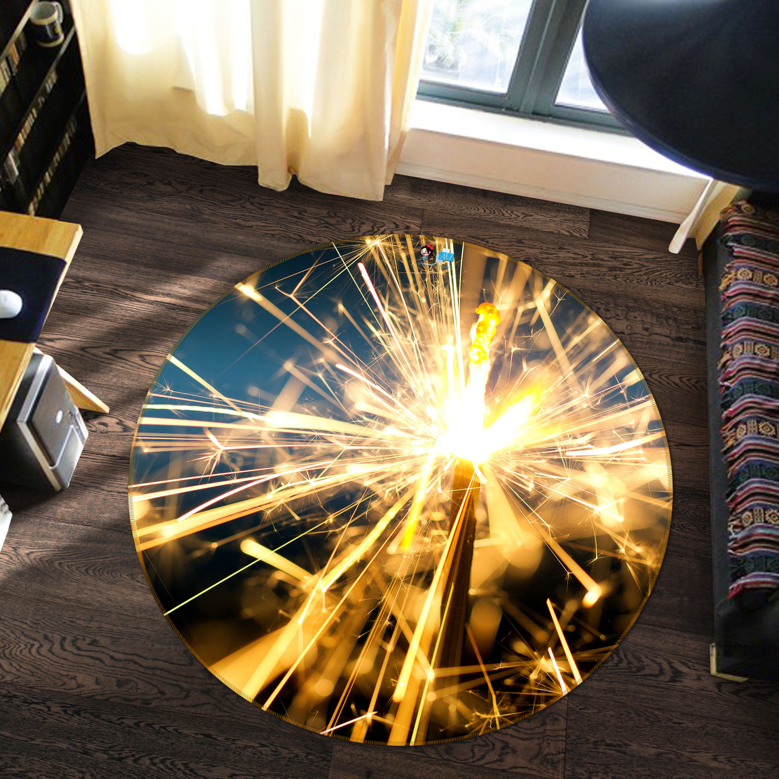 3D Fireworks 55262 Christmas Round Non Slip Rug Mat Xmas