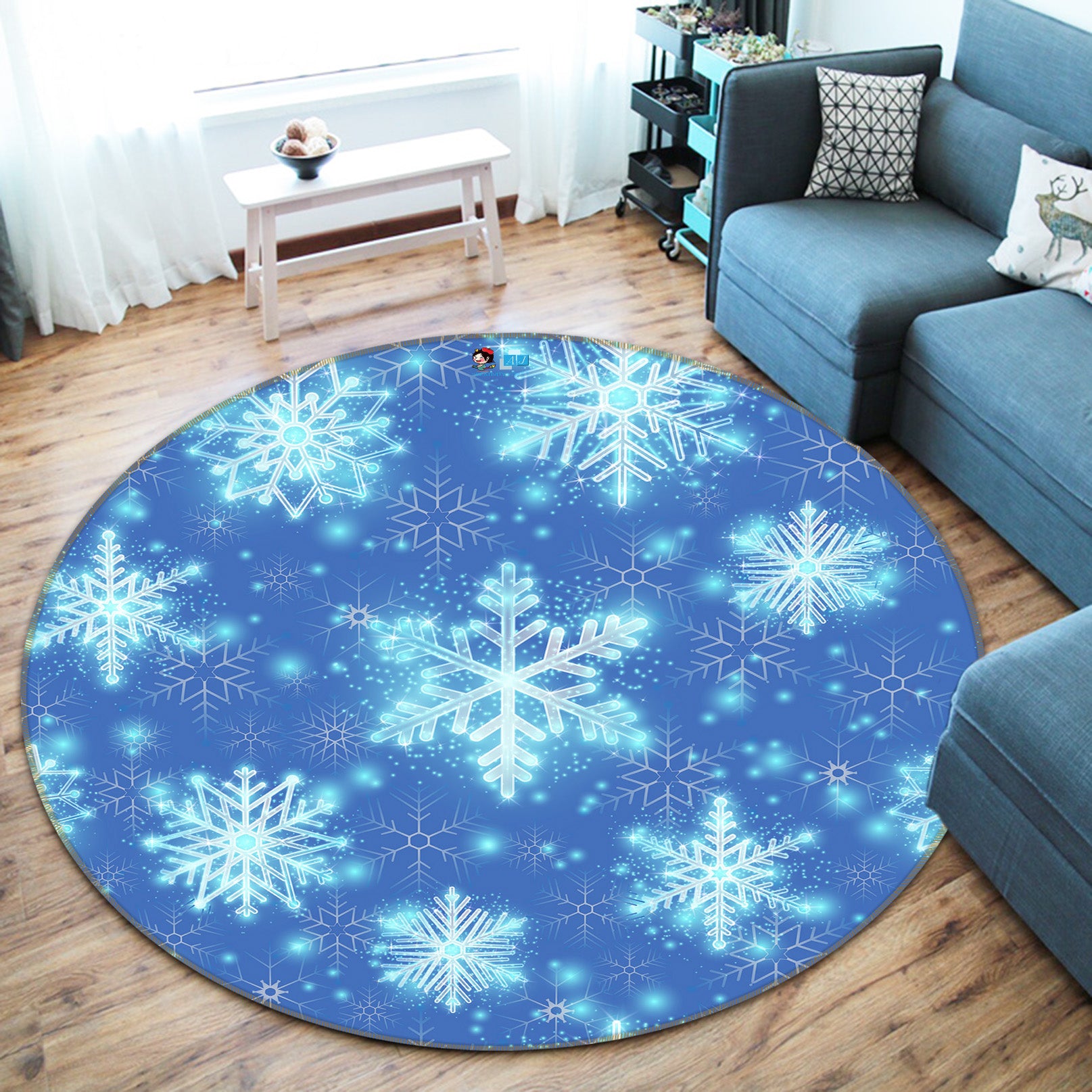 3D Blue Snowflakes 55269 Christmas Round Non Slip Rug Mat Xmas