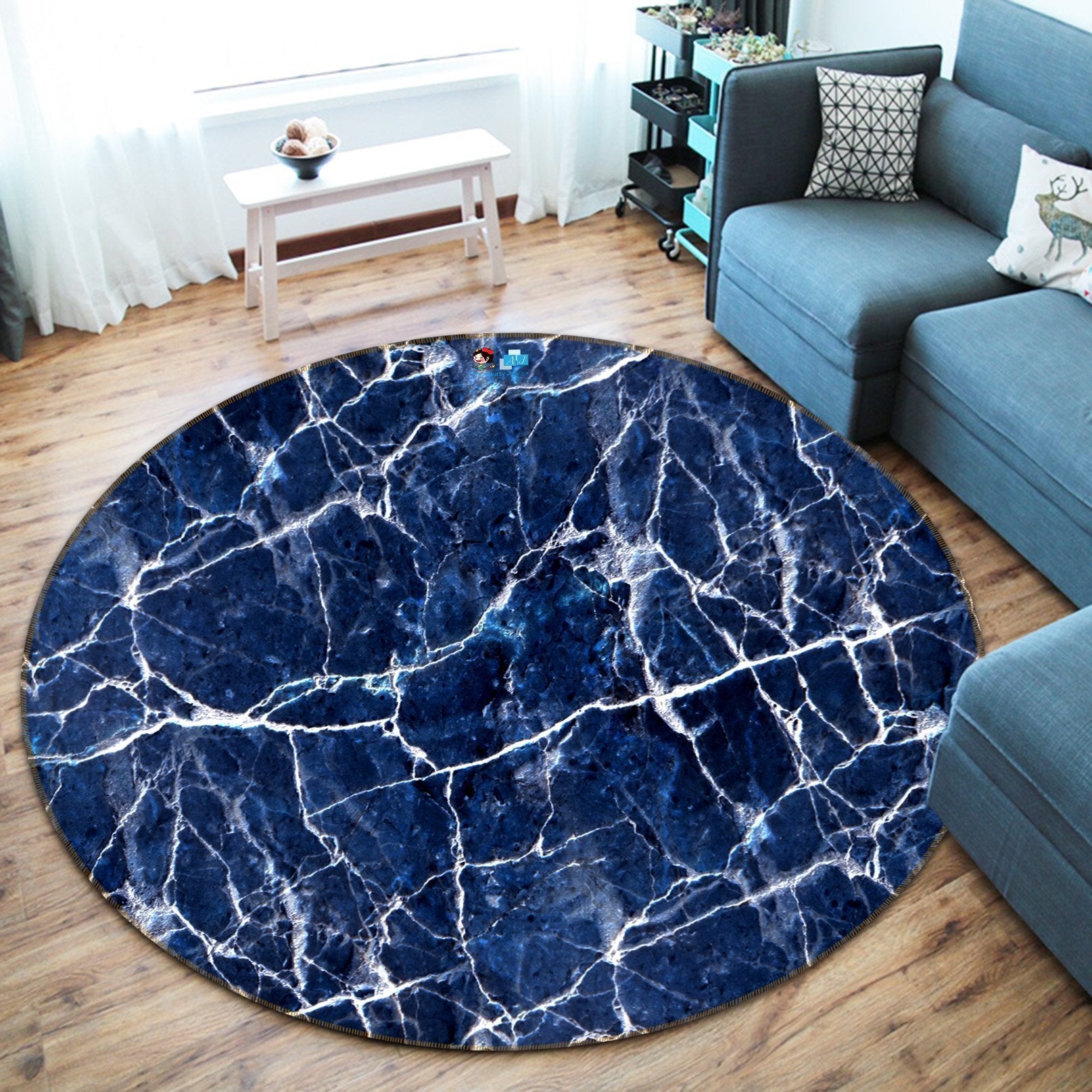 3D Blue Bottom White Line 125 Round Non Slip Rug Mat Mat AJ Creativity Home 