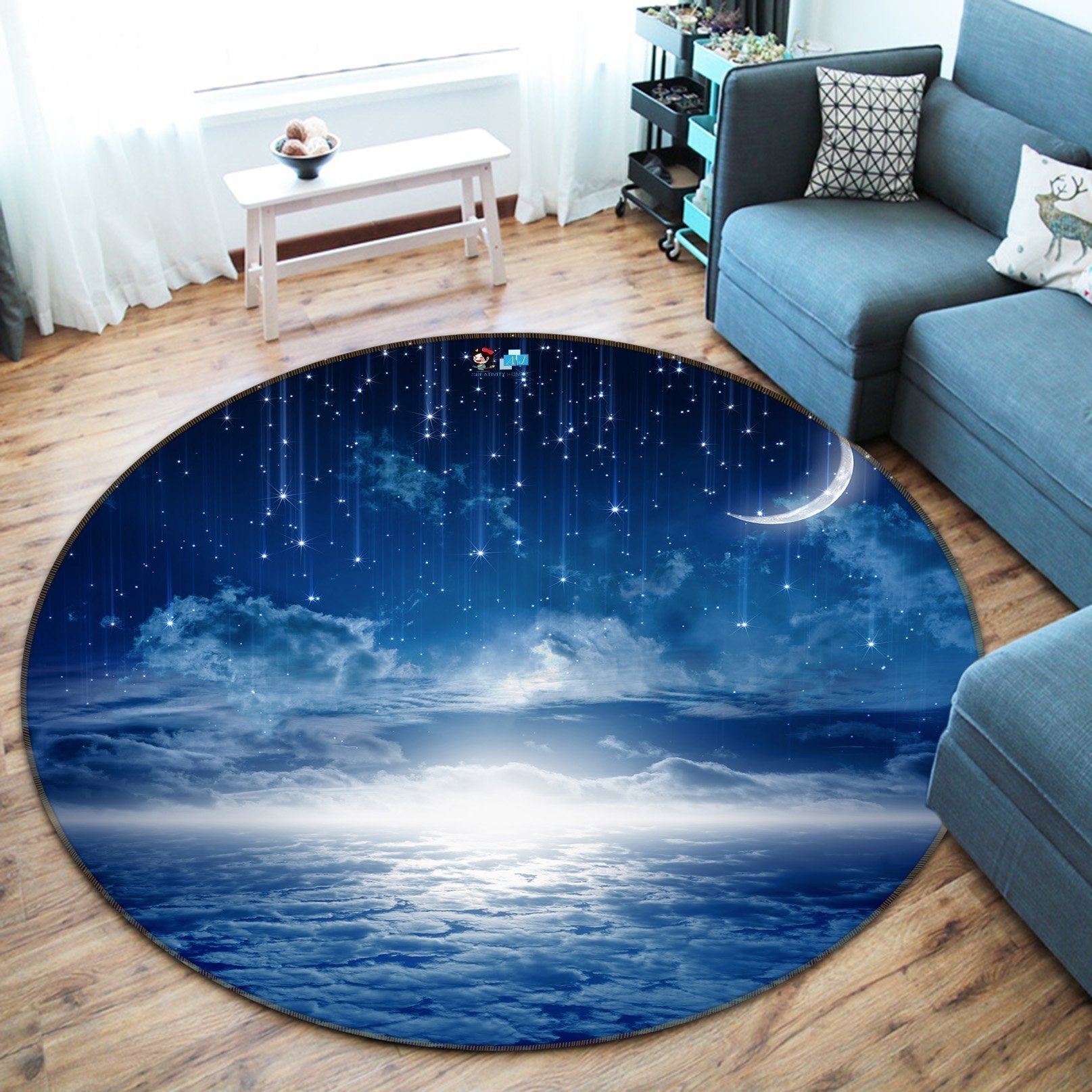 3D Blue Sky Hanging Stars 2 Round Non Slip Rug Mat Mat AJ Creativity Home 
