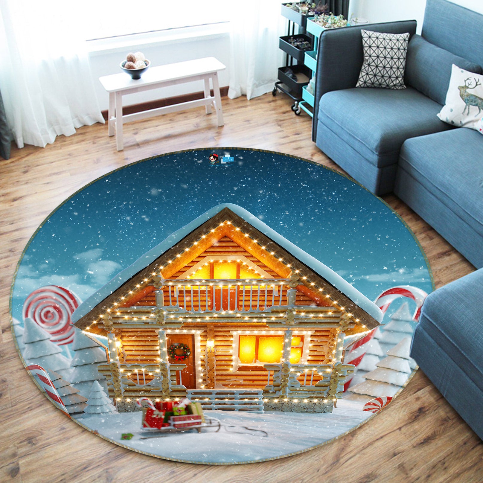 3D Snow House 55207 Christmas Round Non Slip Rug Mat Xmas