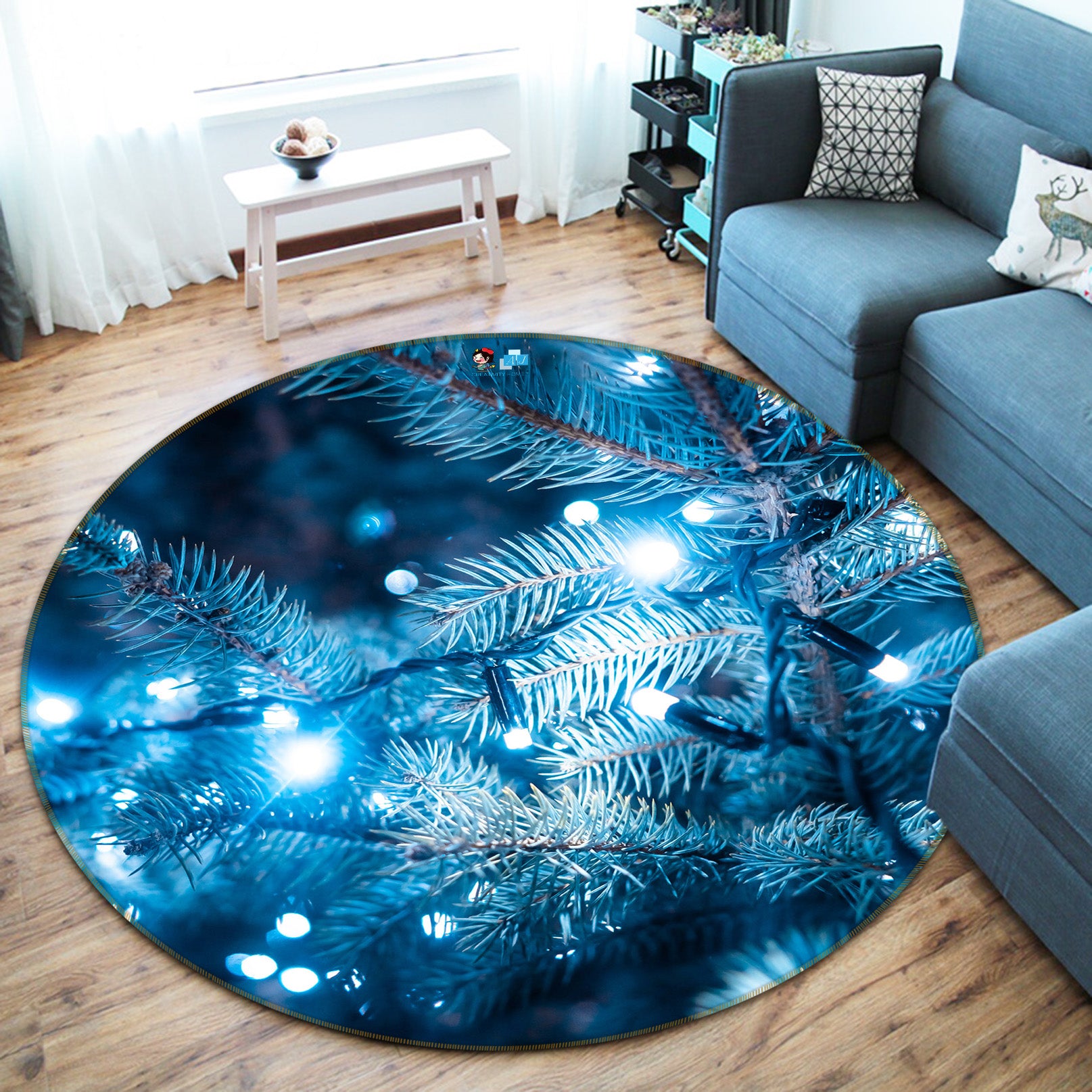 3D Branches Light 55266 Christmas Round Non Slip Rug Mat Xmas