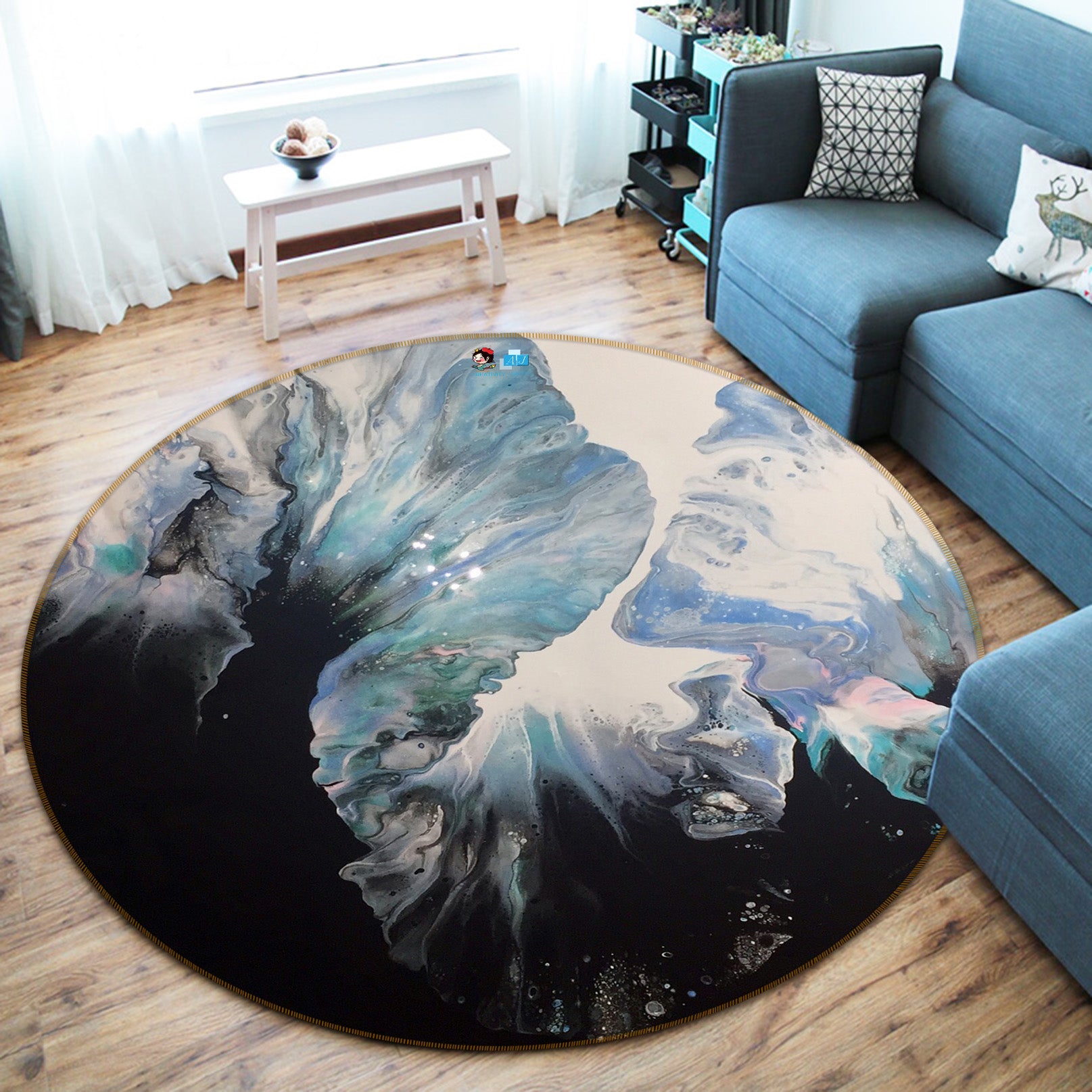 3D Blue Black Blooming 40007 Valerie Latrice Rug Round Non Slip Rug Mat