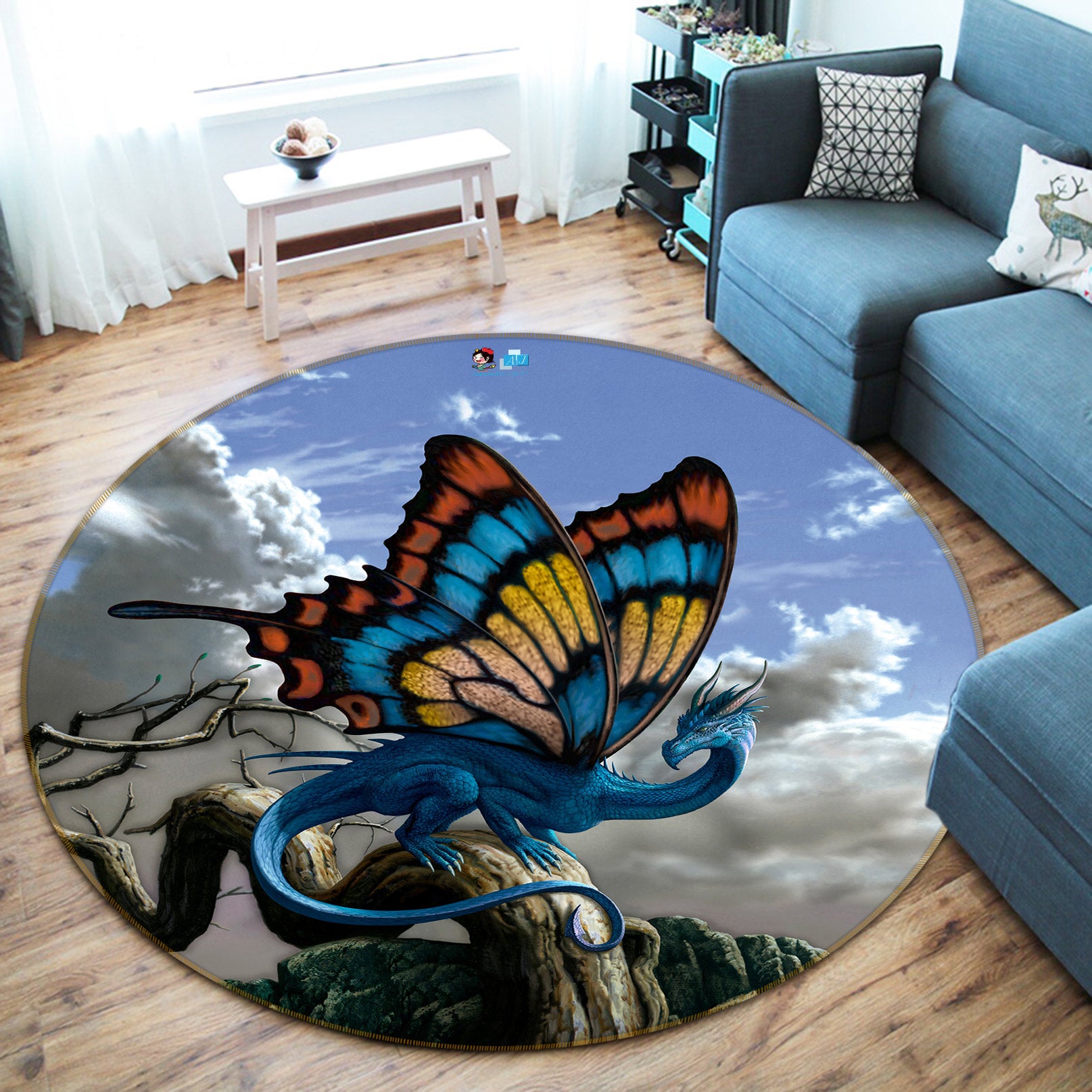 3D Butterfly Wings Blue Dragon 6158 Ciruelo Rug Round Non Slip Rug Mat