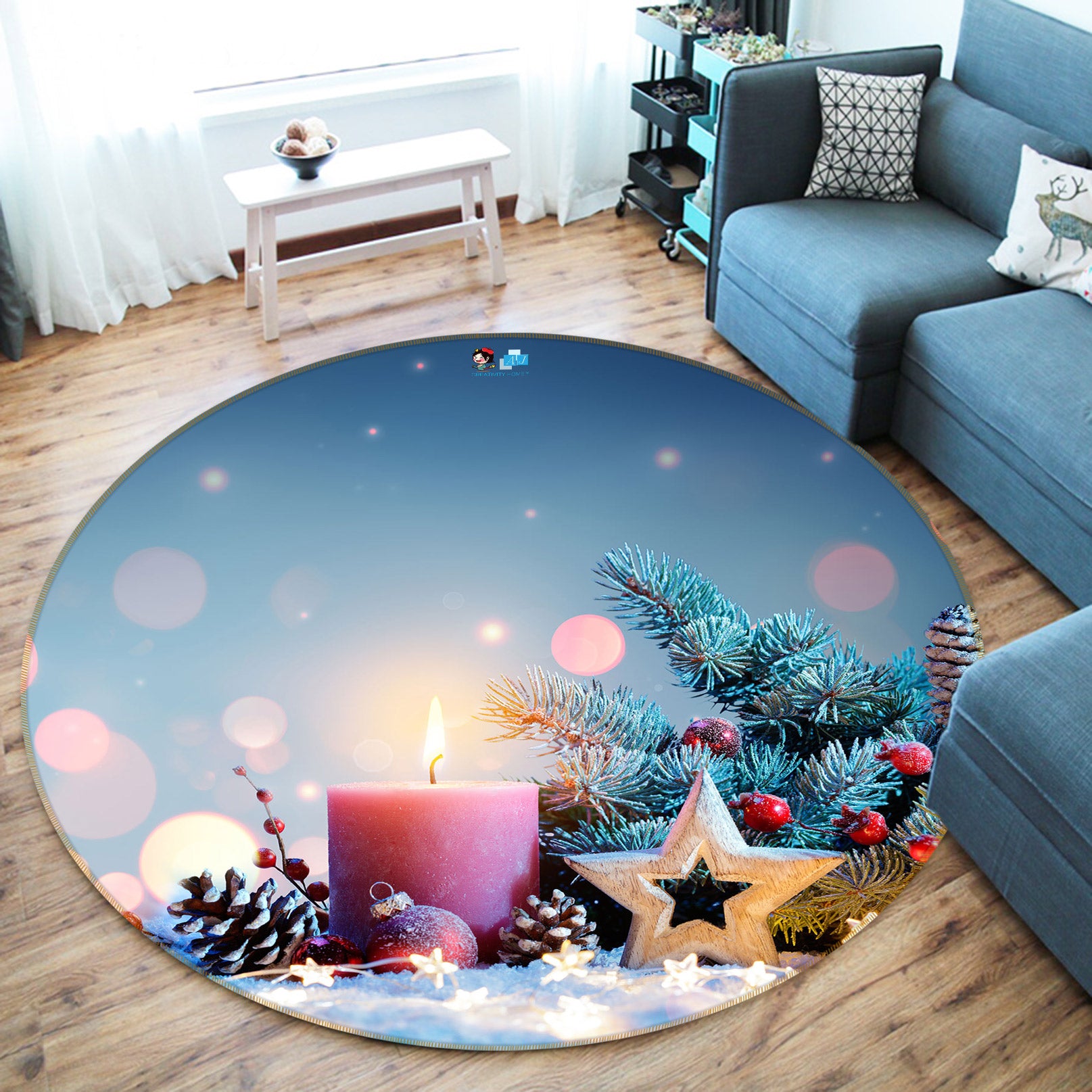 3D Candle Five-Pointed Star 55212 Christmas Round Non Slip Rug Mat Xmas