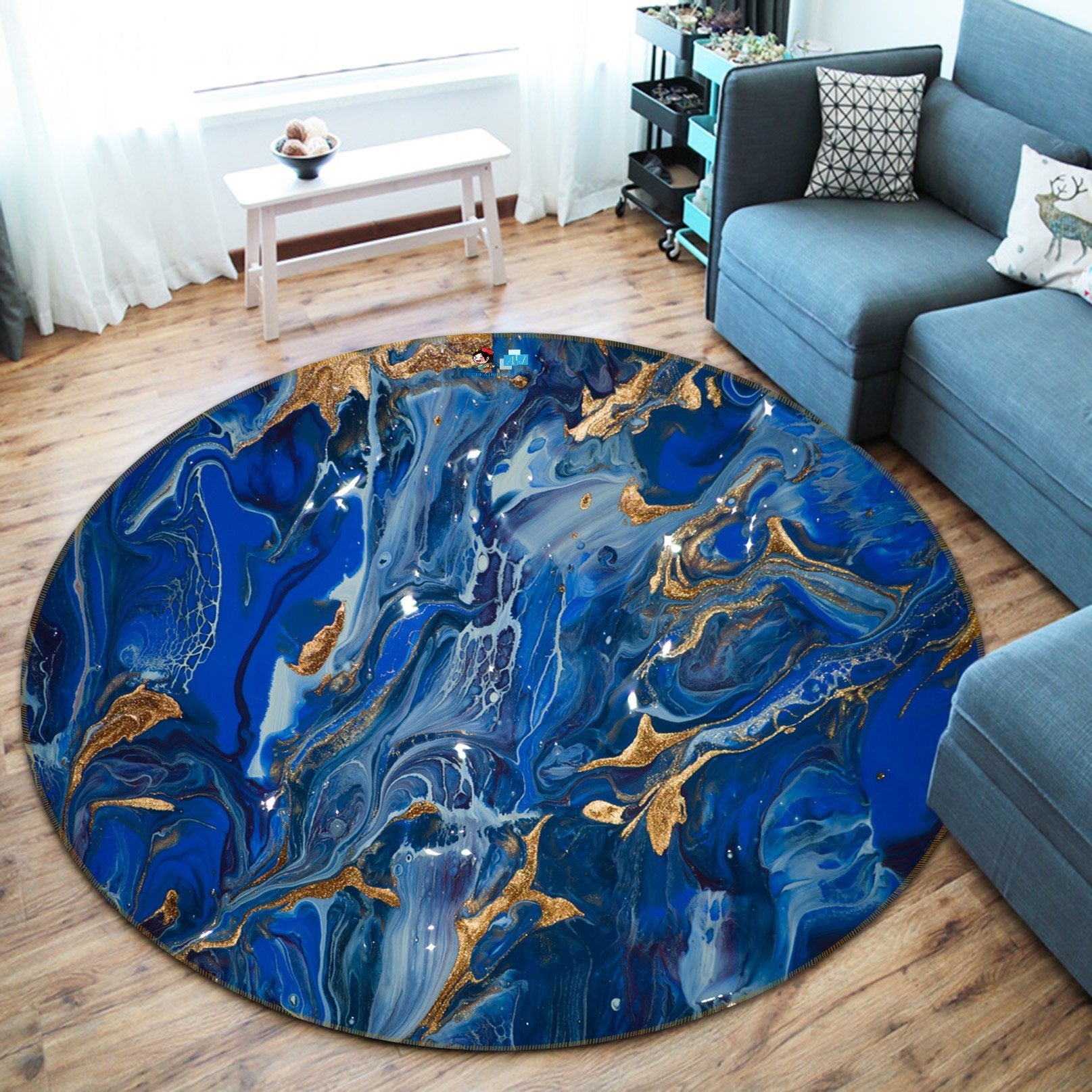 3D Blue Flowing Sand 140 Round Non Slip Rug Mat Mat AJ Creativity Home 