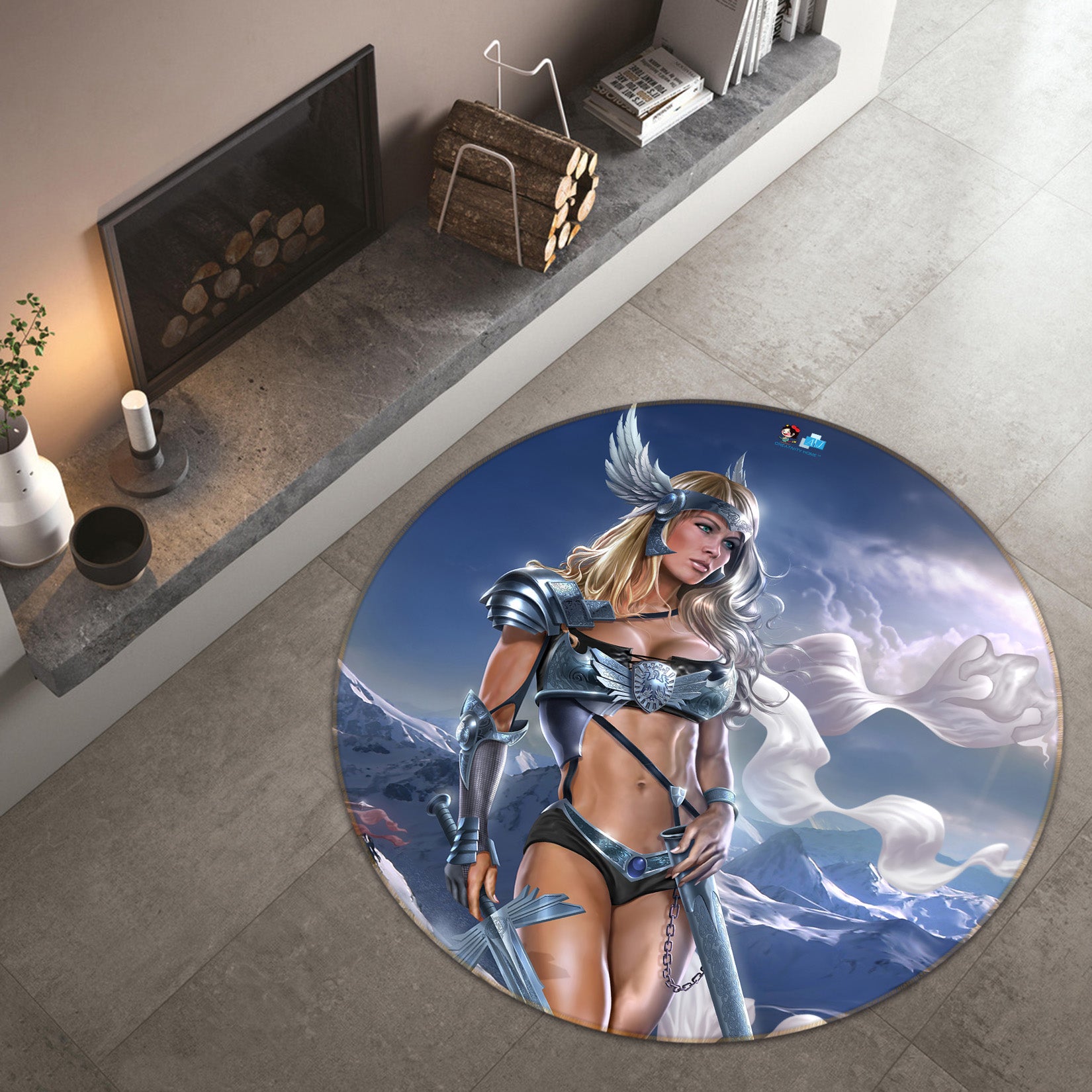 3D Female Warrior Snow Mountain 4177 Tom Wood Rug Round Non Slip Rug Mat
