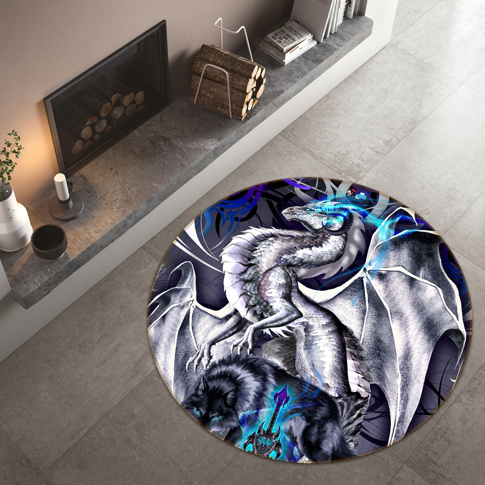 3D Gray Dragon 8368 Ruth Thompson Rug Round Non Slip Rug Mat