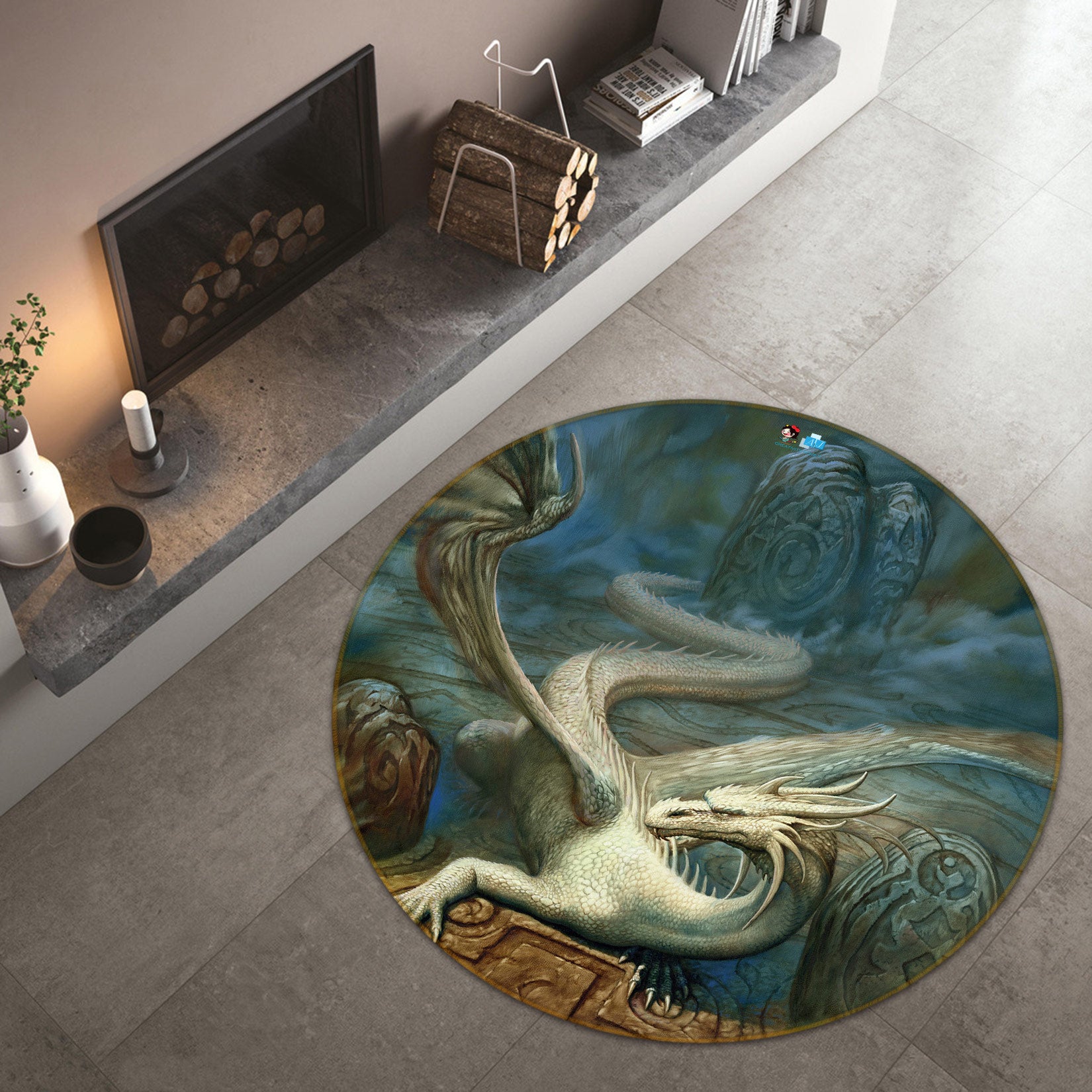 3D White Dragon 6126 Ciruelo Rug Round Non Slip Rug Mat