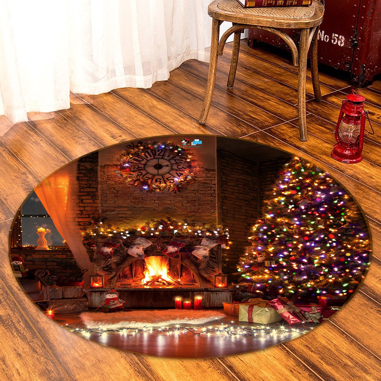 3D Fireplace Tree 55254 Christmas Round Non Slip Rug Mat Xmas