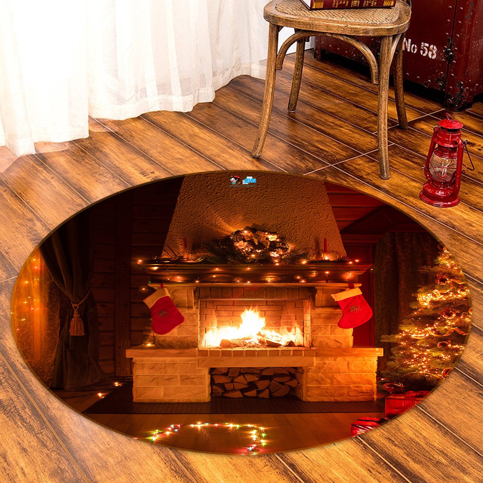 3D Fireplace 55246 Christmas Round Non Slip Rug Mat Xmas
