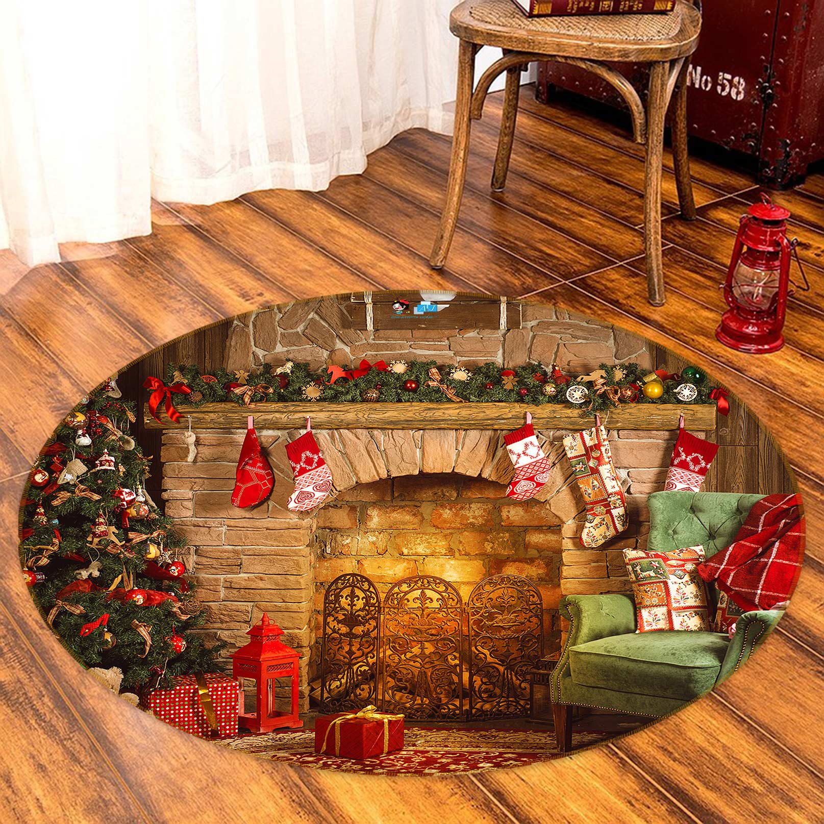 3D Fireplace Sofa 55196 Christmas Round Non Slip Rug Mat Xmas