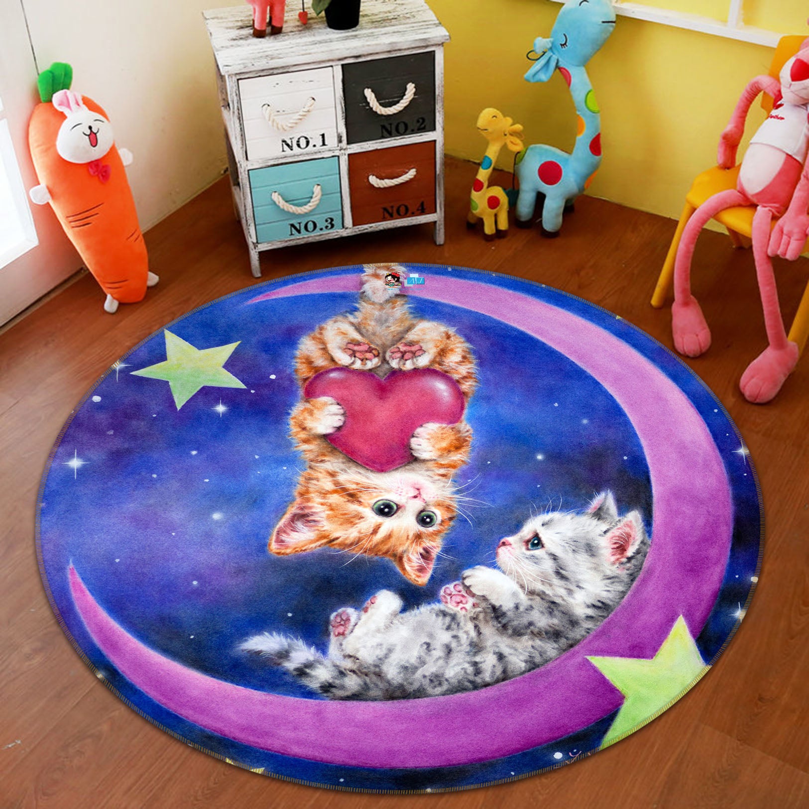 3D Moon Love Cat 6058 Kayomi Harai Rug Round Non Slip Rug Mat