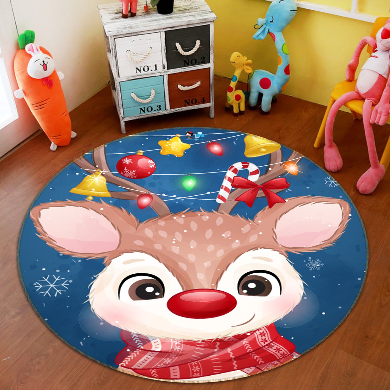 3D Deer 55264 Christmas Round Non Slip Rug Mat Xmas