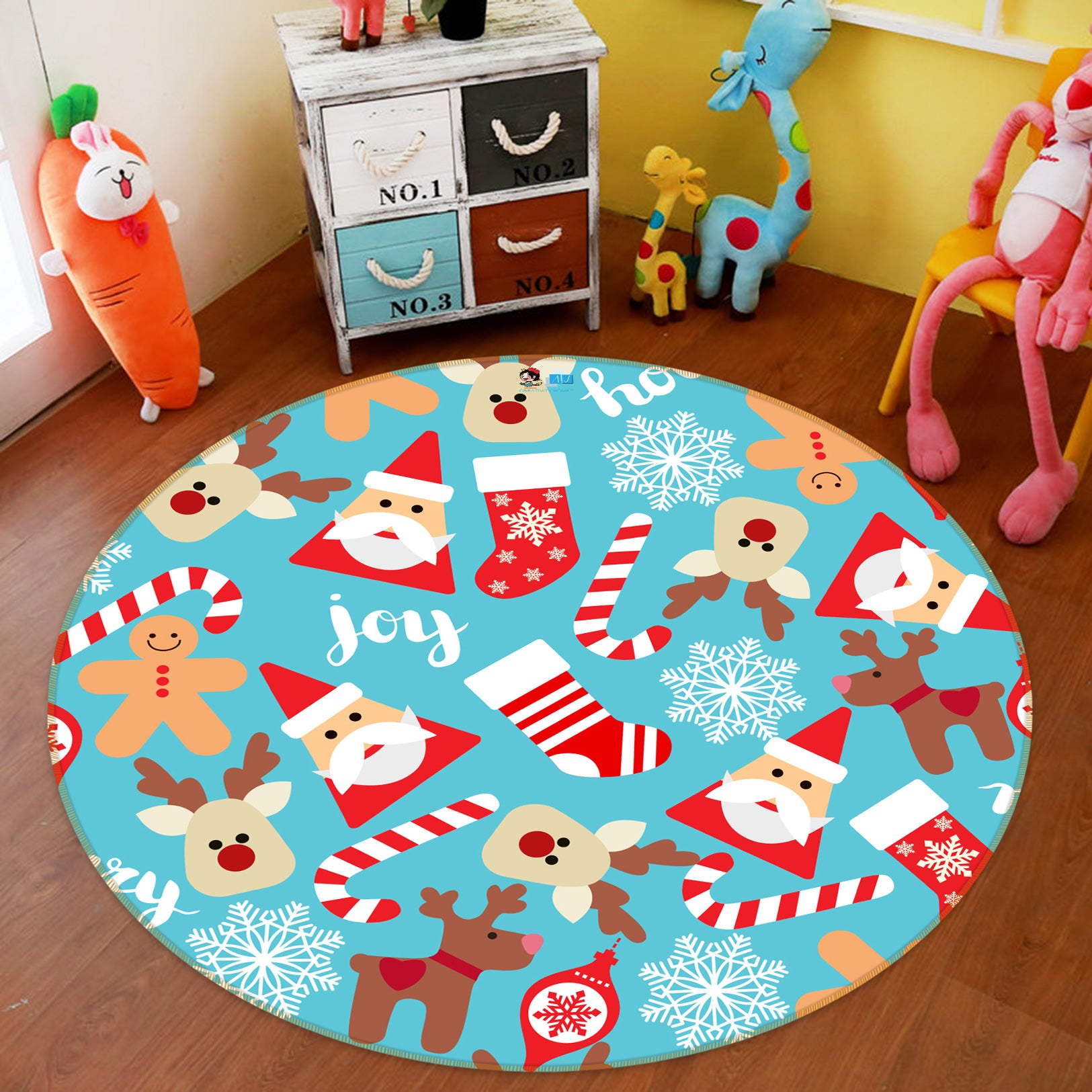 3D Santa Deer Pattern 55198 Christmas Round Non Slip Rug Mat Xmas
