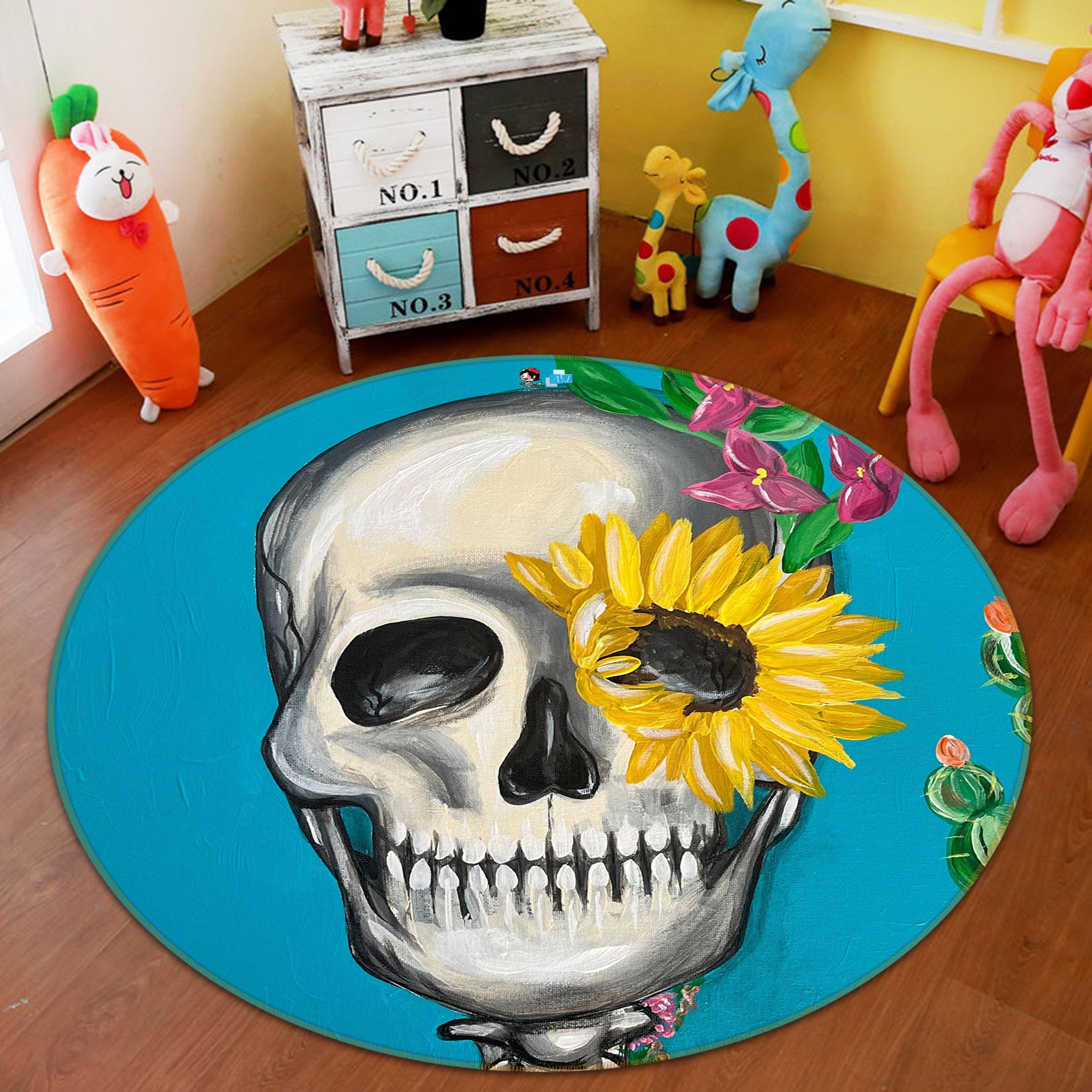 3D Skull Sunflower 8249 Jacqueline Reynoso Rug Round Non Slip Rug Mat