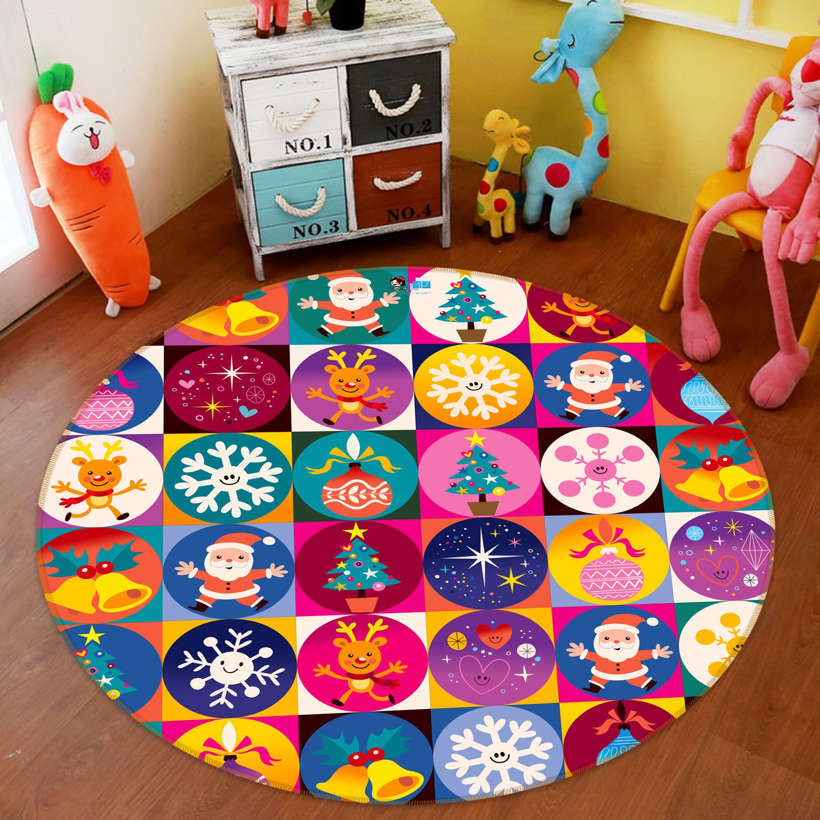 3D Colored Balls Tree Santa 55184 Christmas Round Non Slip Rug Mat Xmas