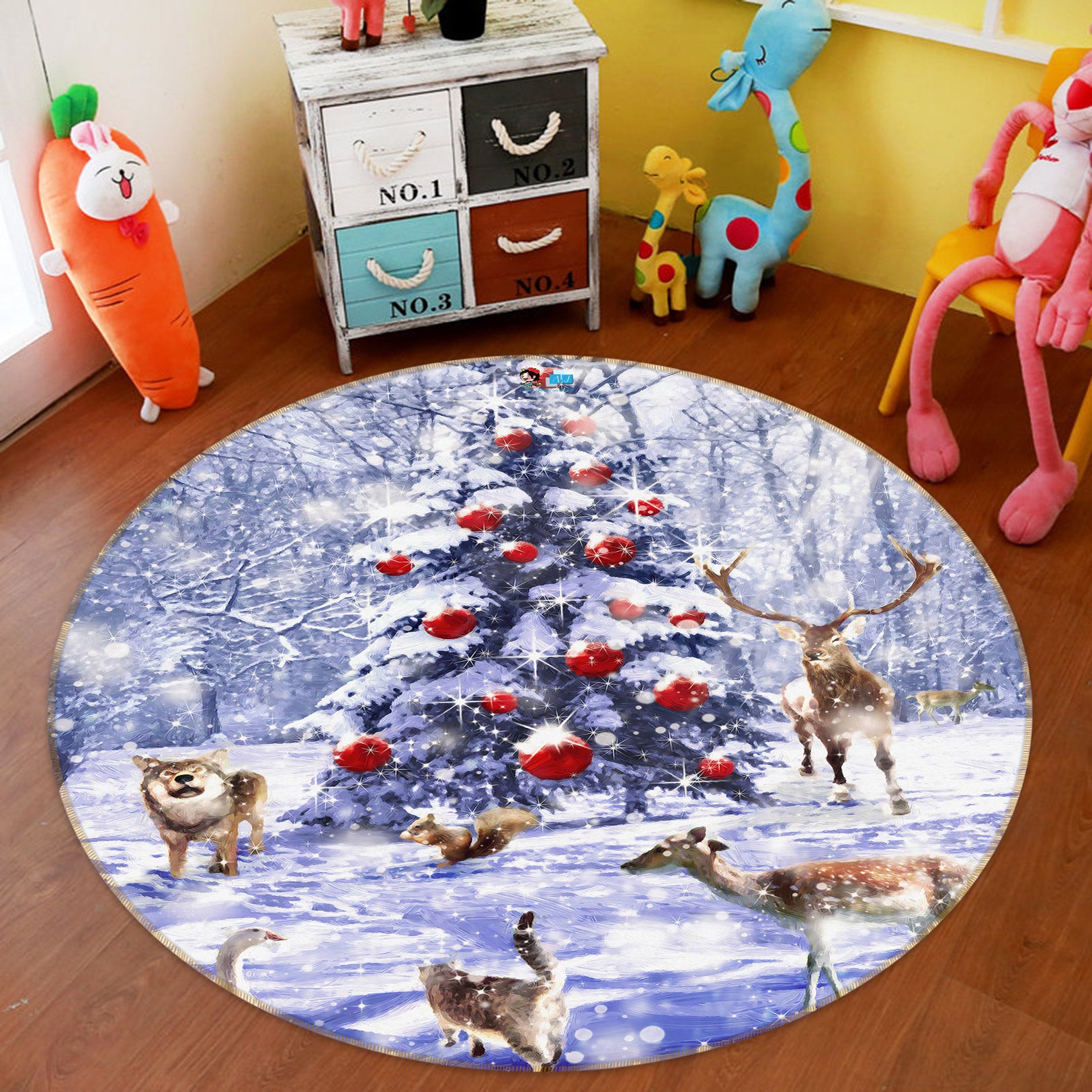 3D Snow Tree Deer 55185 Christmas Round Non Slip Rug Mat Xmas