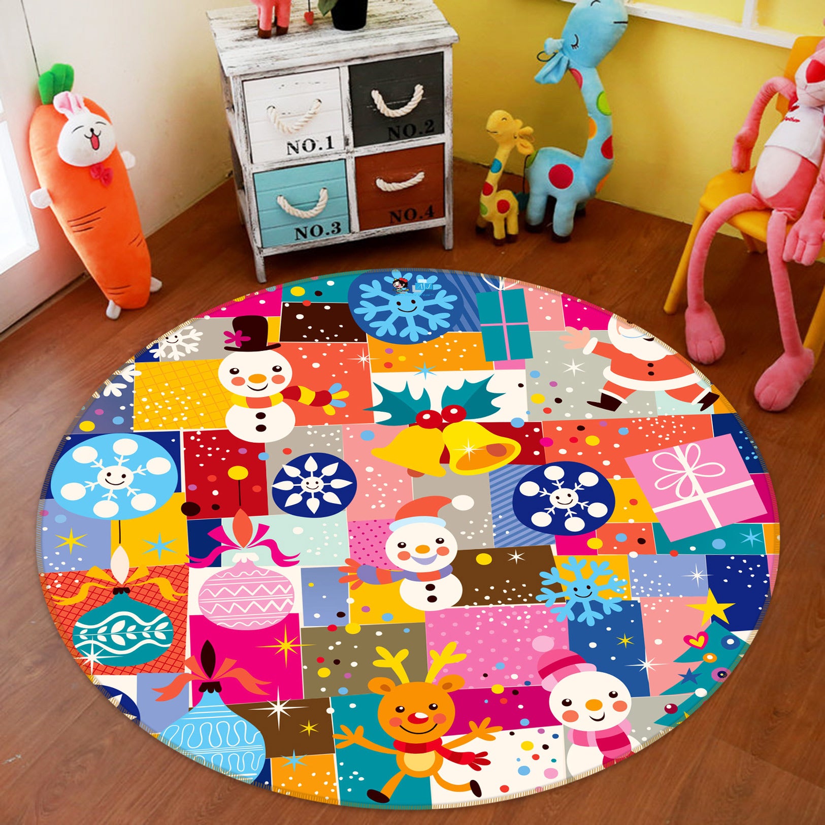 3D Colorful Square Snowman Bell 55170 Christmas Round Non Slip Rug Mat Xmas