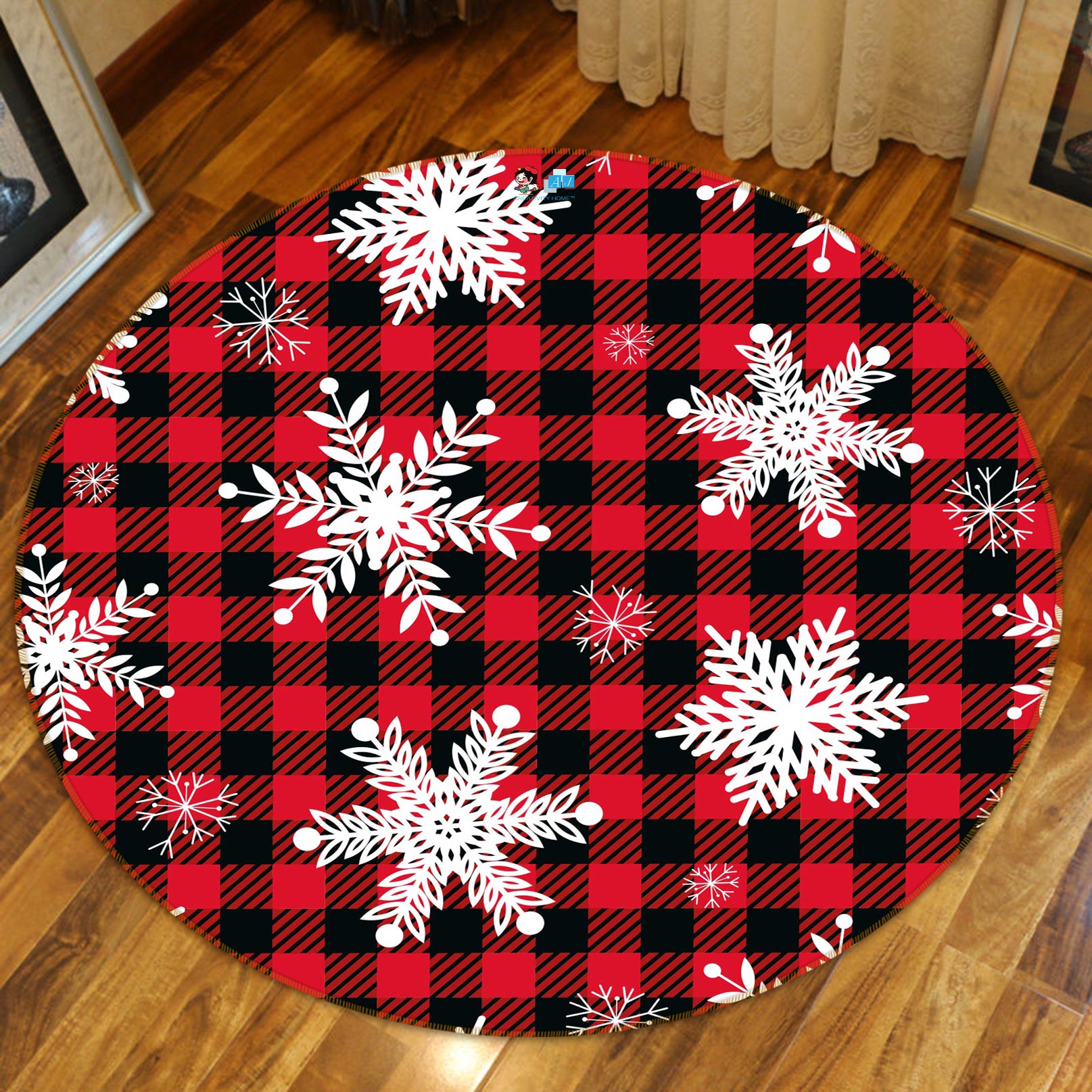 3D Snowflake Red Black Grid 55243 Christmas Round Non Slip Rug Mat Xmas