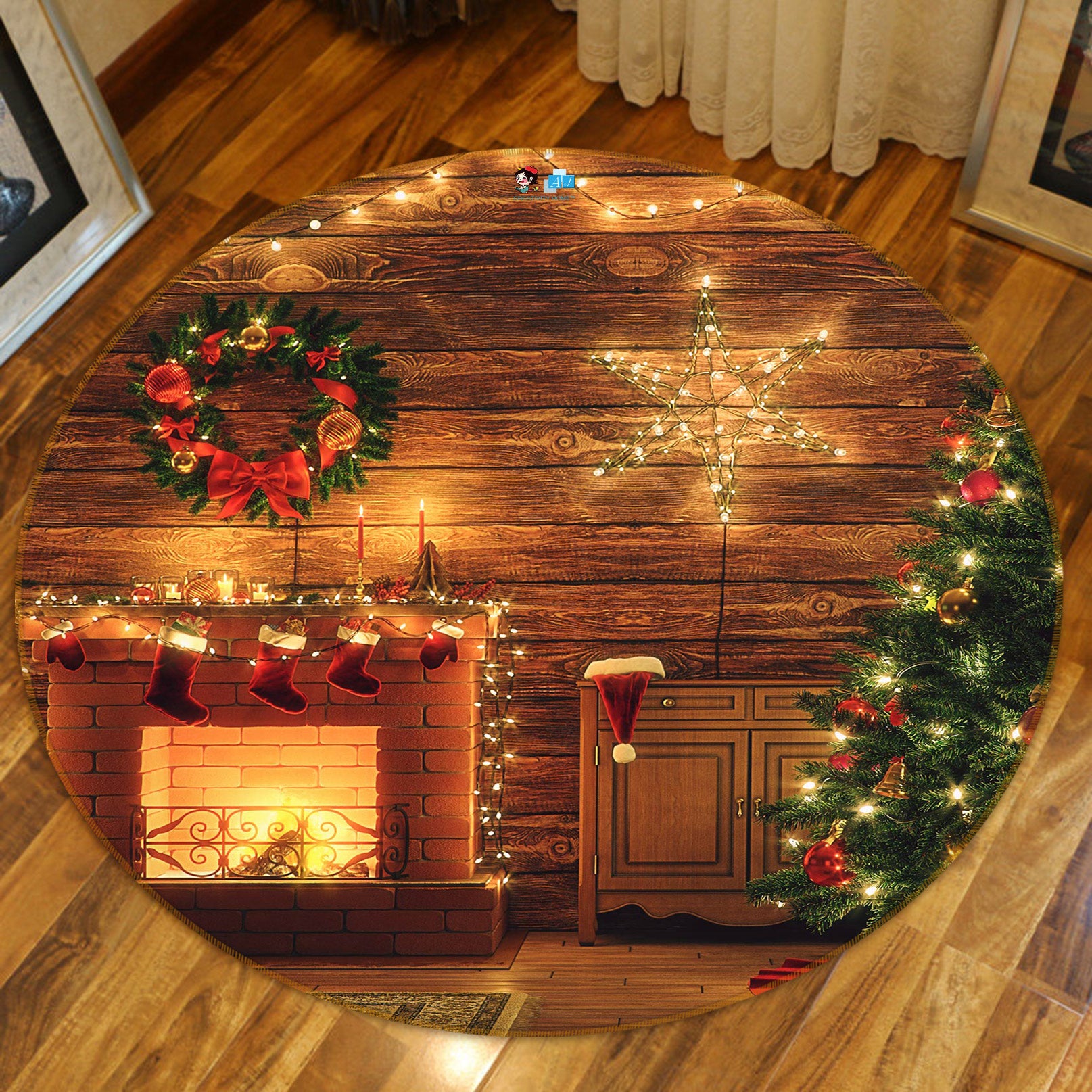 3D Fireplace Tree 55251 Christmas Round Non Slip Rug Mat Xmas