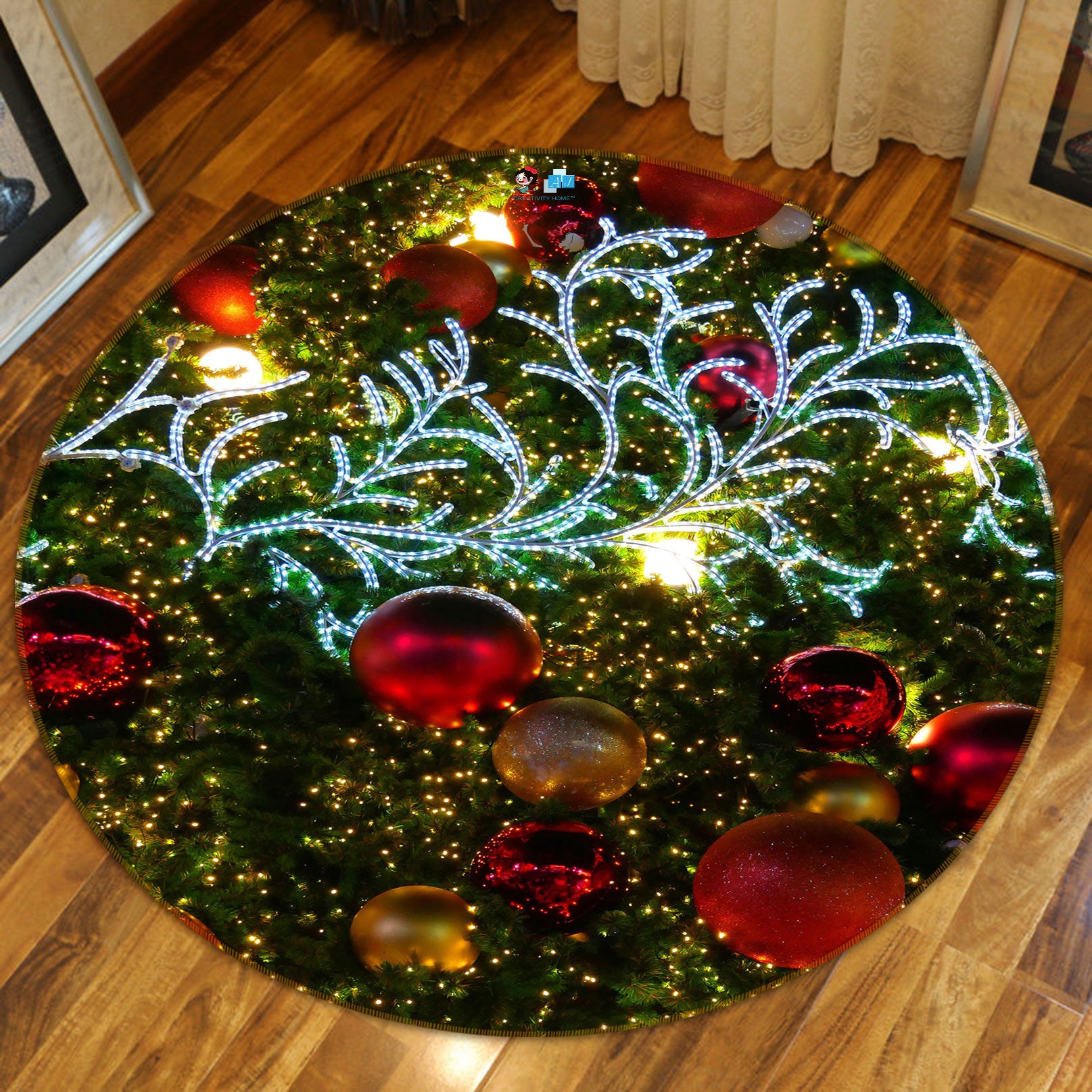 3D Branches Red Ball 55211 Christmas Round Non Slip Rug Mat Xmas