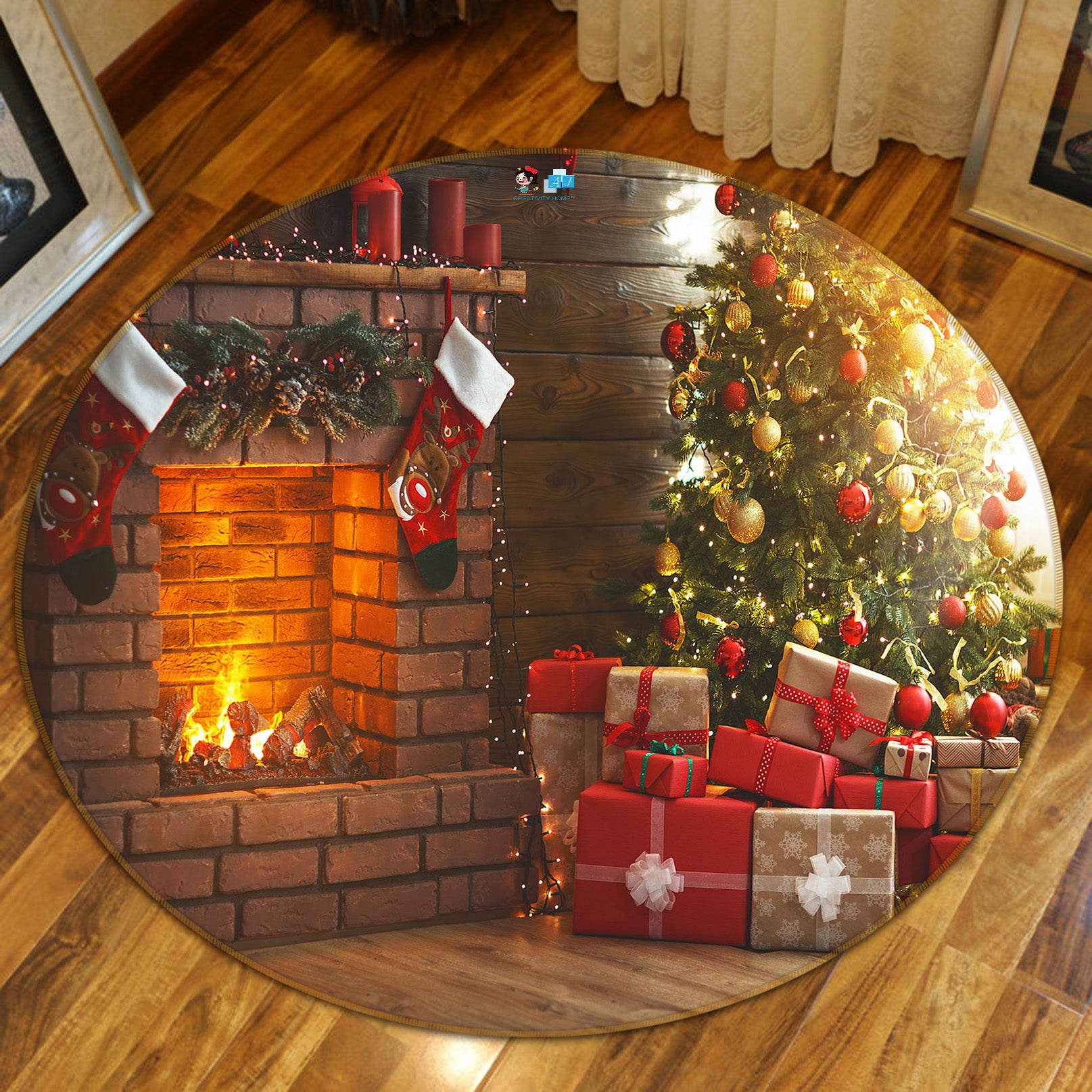 3D Fireplace Gift 56058 Christmas Round Non Slip Rug Mat Xmas