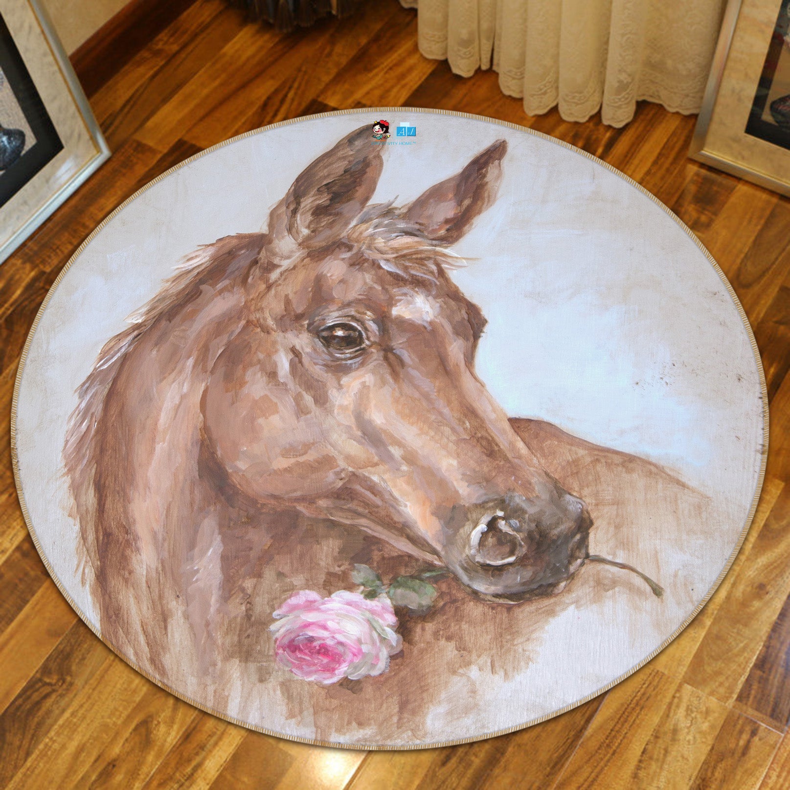 3D Horse With Flowers 1095 Debi Coules Rug Round Non Slip Rug Mat