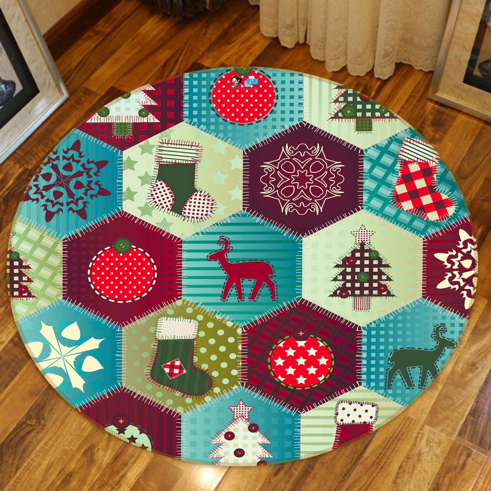 3D Hexagon Pattern 55194 Christmas Round Non Slip Rug Mat Xmas