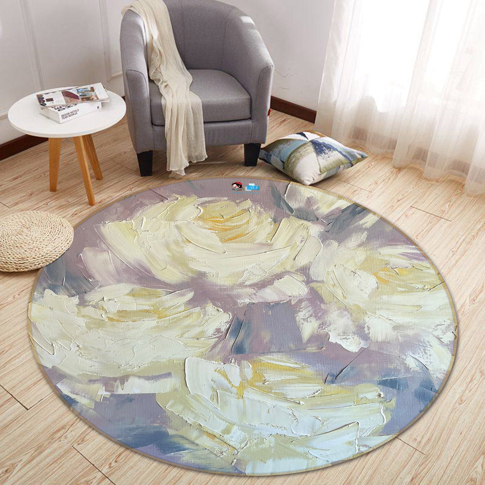 3D Yellow Rose 3890 Skromova Marina Rug Round Non Slip Rug Mat