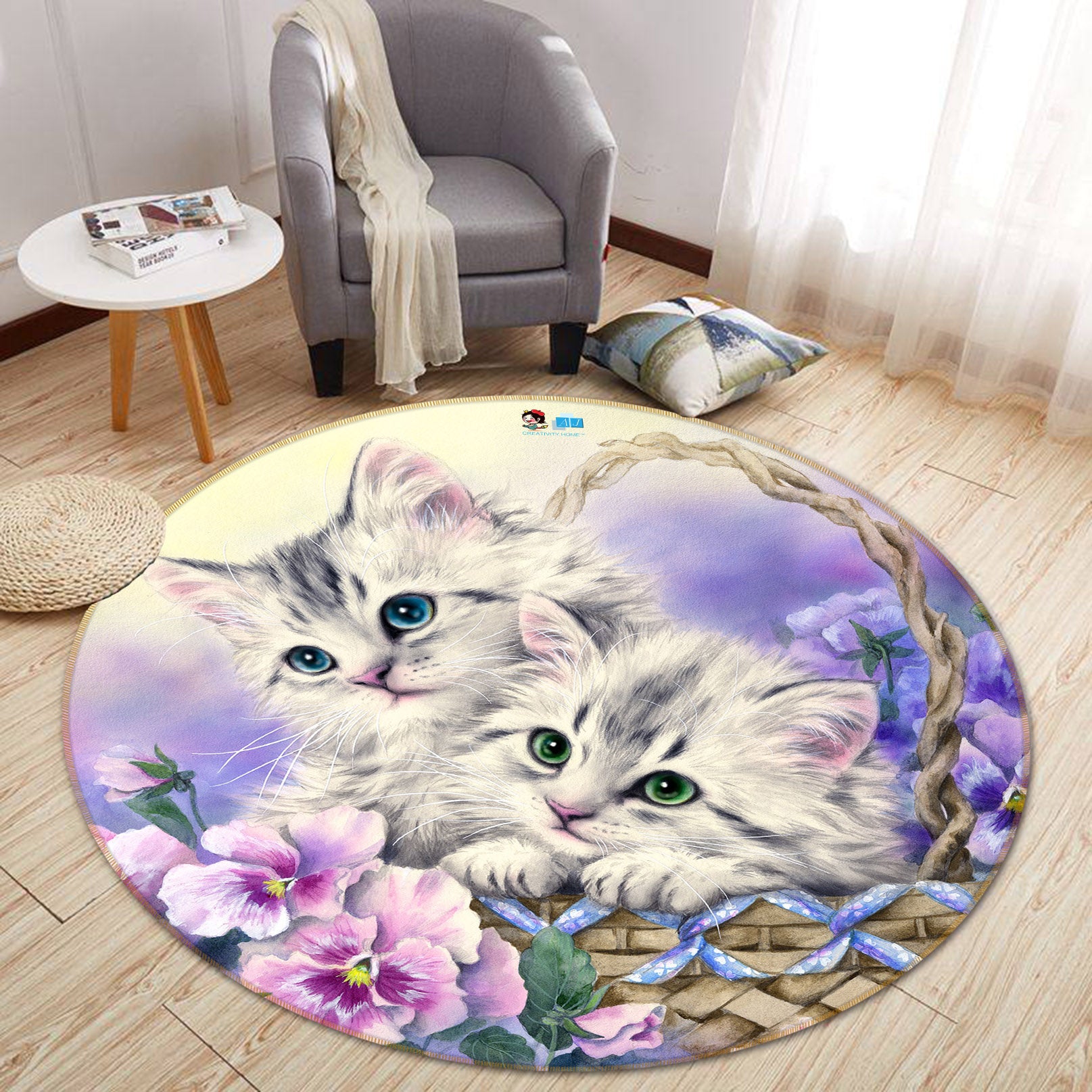 3D Flower Basket Cat 6070 Kayomi Harai Rug Round Non Slip Rug Mat