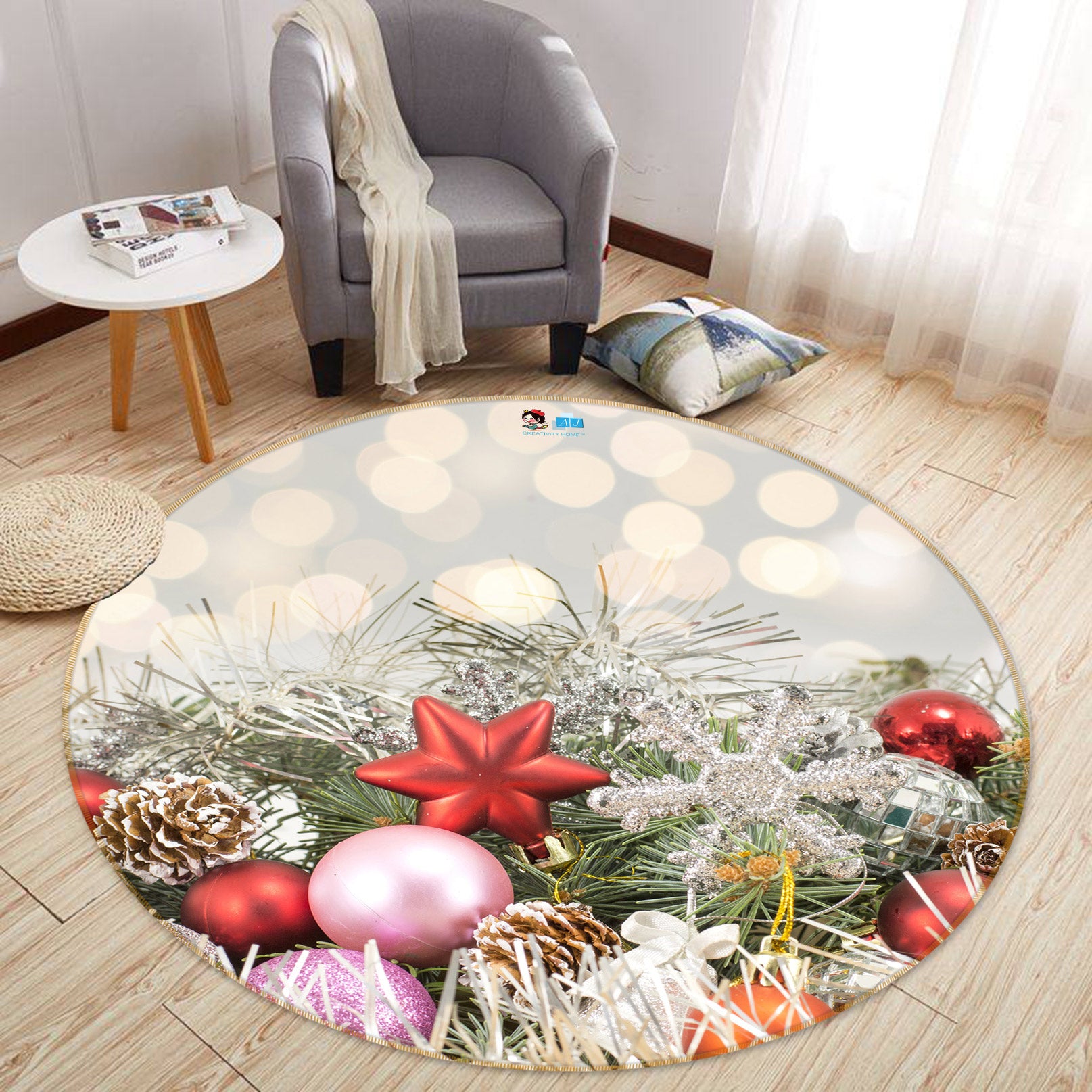 3D Branches Pendant 55186 Christmas Round Non Slip Rug Mat Xmas
