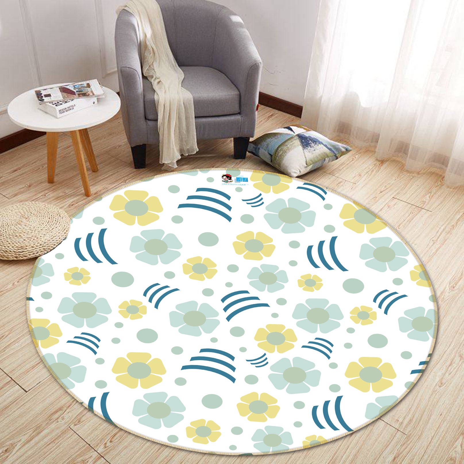 3D Yellow Blue Flower Pattern 98108 Kasumi Loffler Rug Round Non Slip Rug Mat
