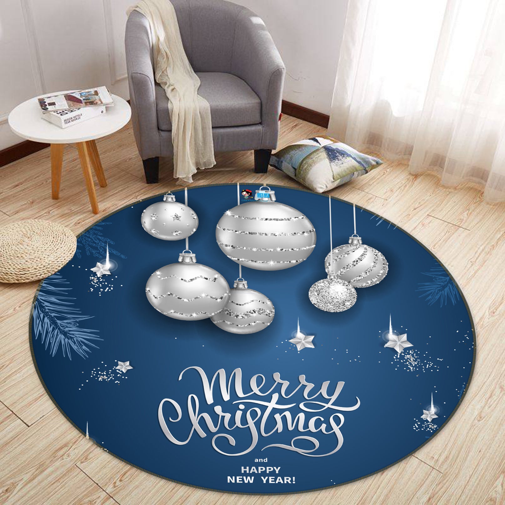 3D White Ball 55230 Christmas Round Non Slip Rug Mat Xmas