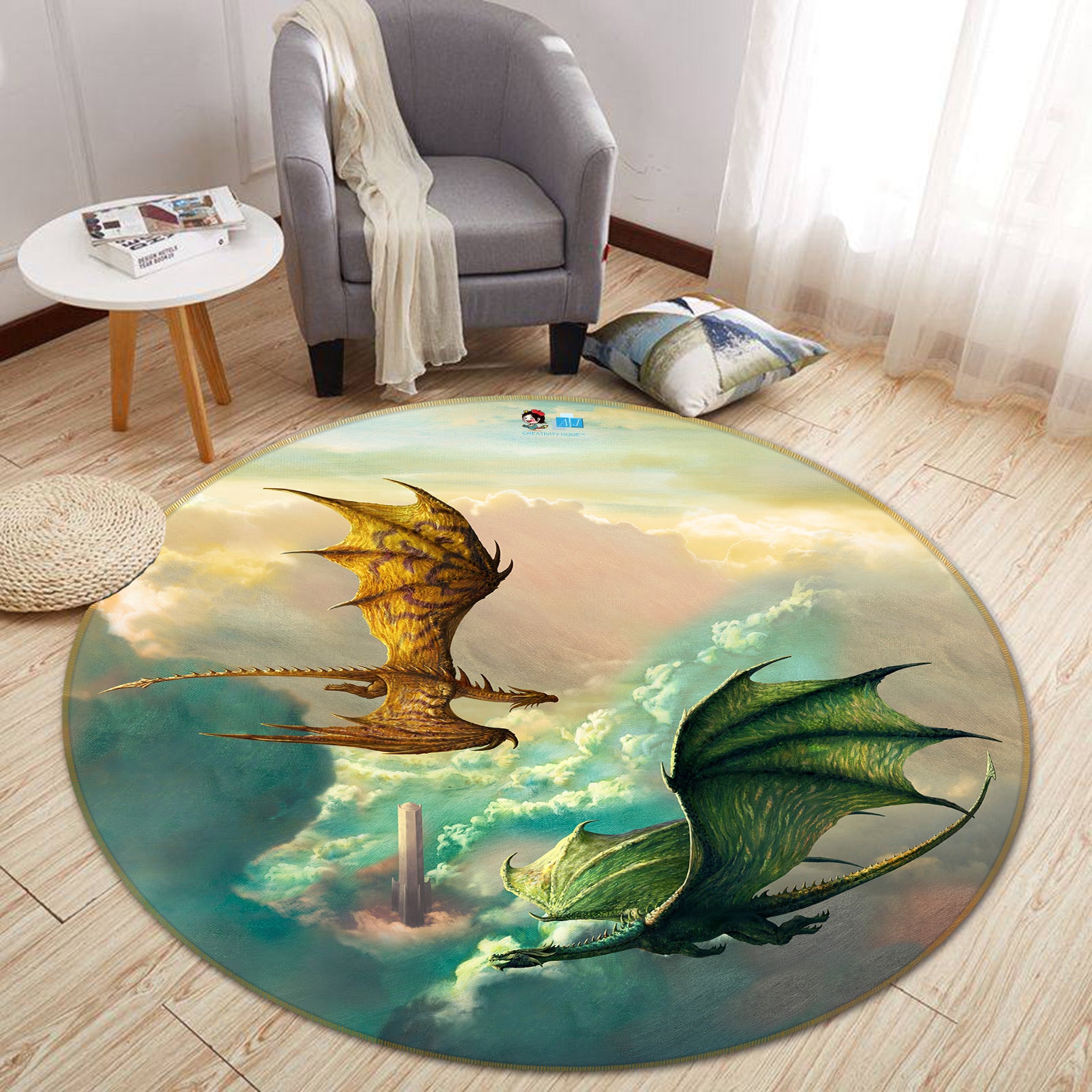 3D Clouds Dragon 6160 Ciruelo Rug Round Non Slip Rug Mat