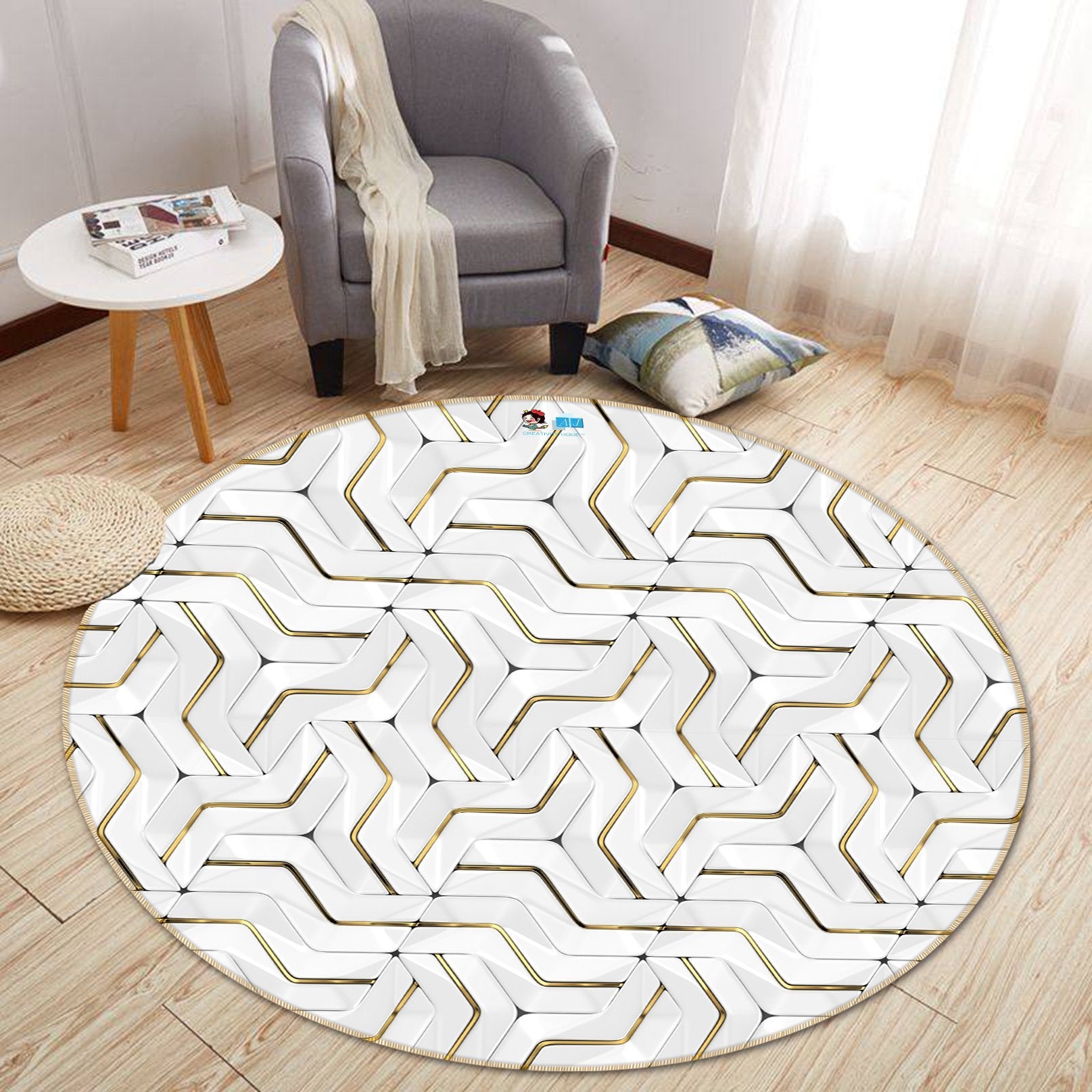 3D White Triangle Stitching 134 Round Non Slip Rug Mat Mat AJ Creativity Home 