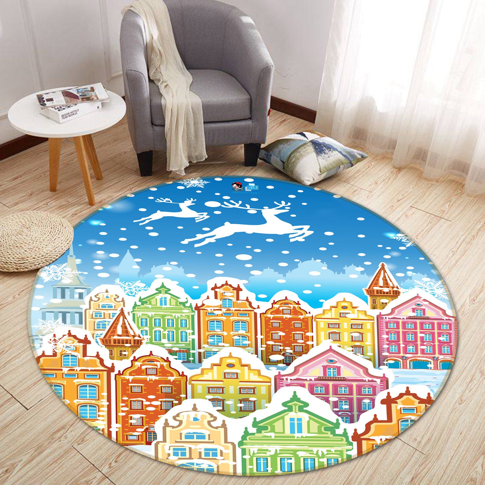 3D Colorful Houses 56026 Christmas Round Non Slip Rug Mat Xmas