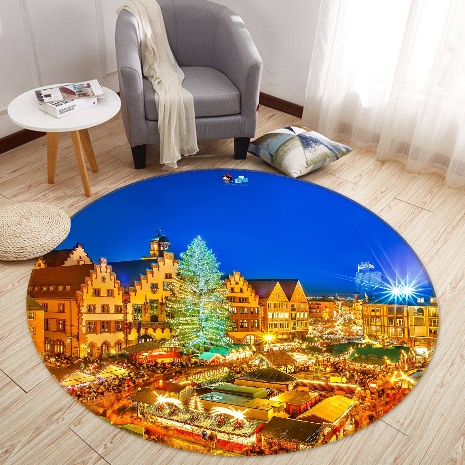 3D Golden Light House 55192 Christmas Round Non Slip Rug Mat Xmas