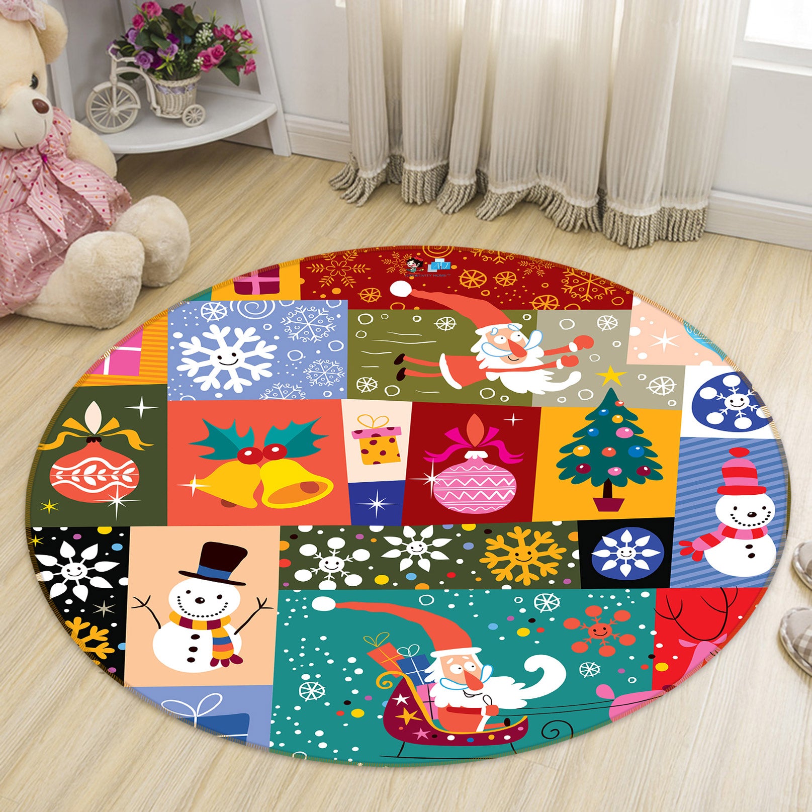 3D Colored Square Snowman 55165 Christmas Round Non Slip Rug Mat Xmas