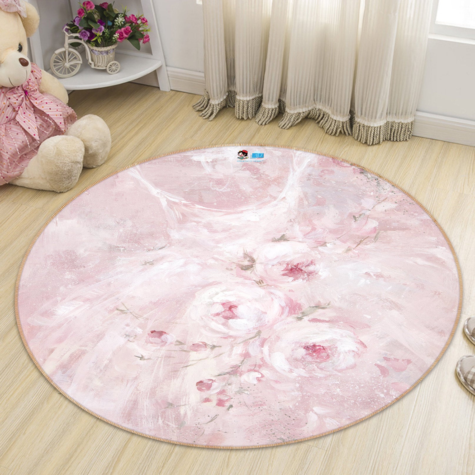 3D Light Pink Floral Skirt 1199 Debi Coules Rug Round Non Slip Rug Mat