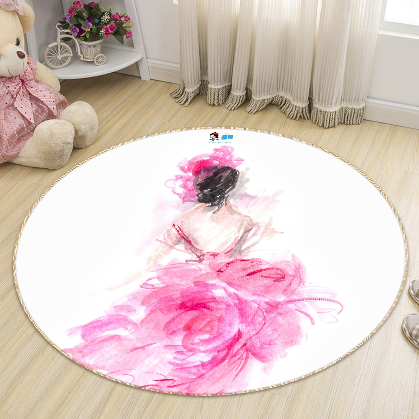 3D Women's Pink Skirt 1186 Debi Coules Rug Round Non Slip Rug Mat
