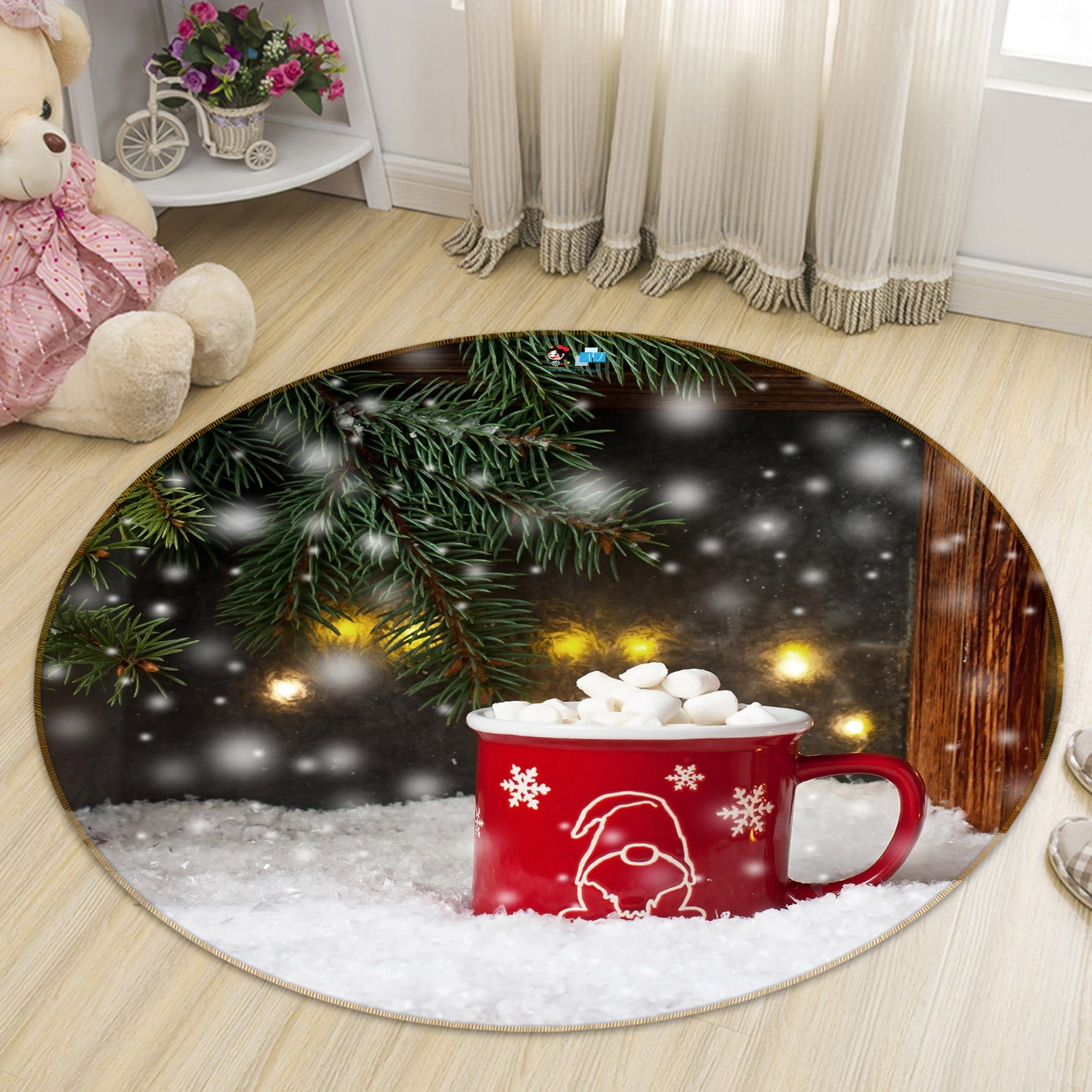 3D Snow Red Water Glass 56096 Christmas Round Non Slip Rug Mat Xmas