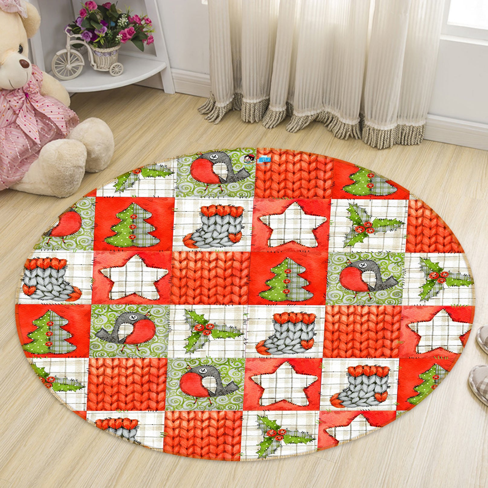 3D Tree Sock Checkered Pattern 55191 Christmas Round Non Slip Rug Mat Xmas