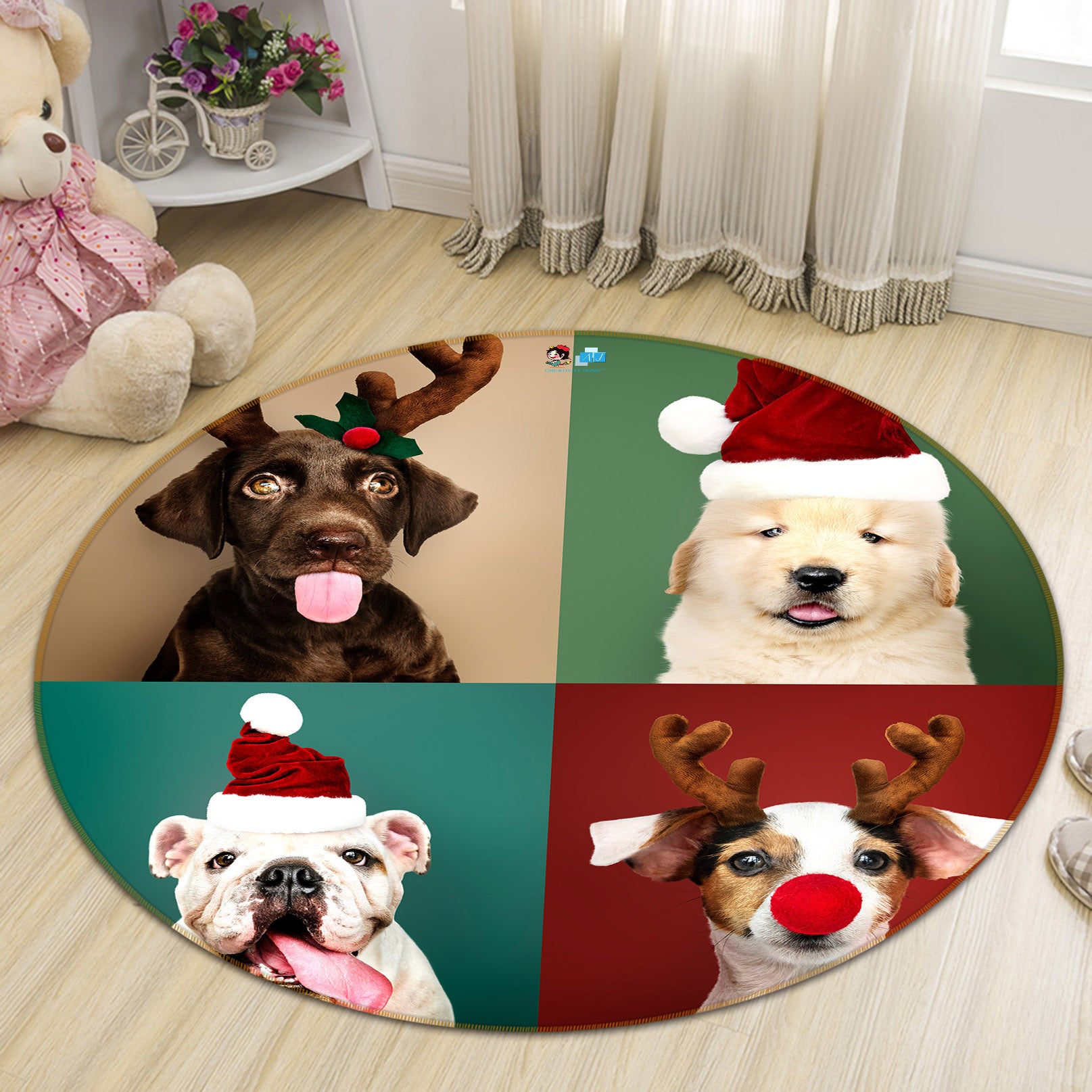 3D Dog 55268 Christmas Round Non Slip Rug Mat Xmas