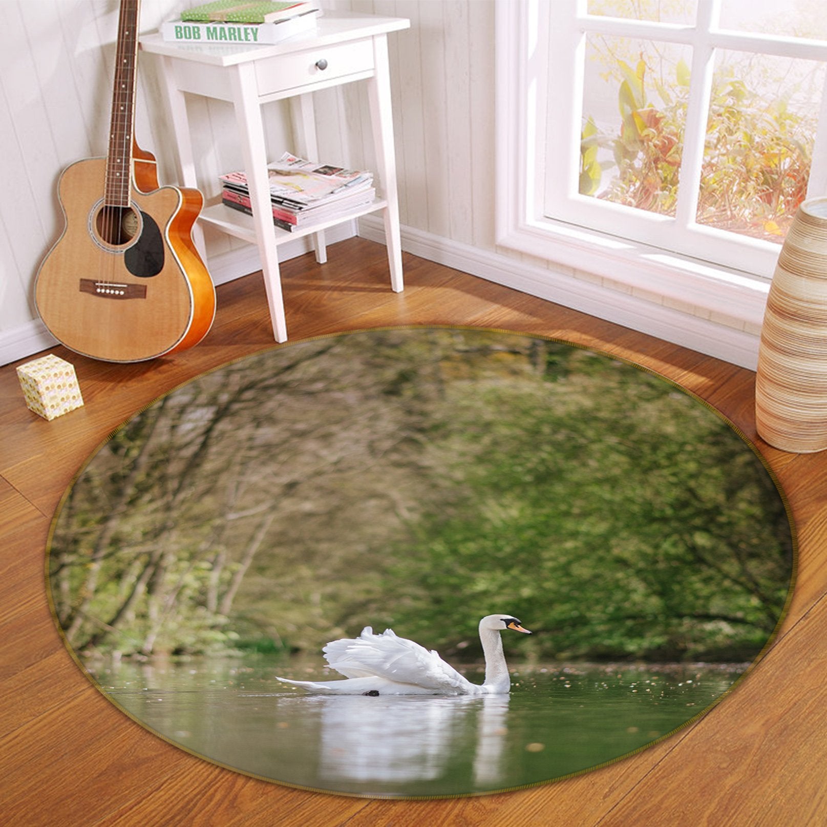 3D White Swan Swimming 108 Animal Round Non Slip Rug Mat Mat AJ Creativity Home 